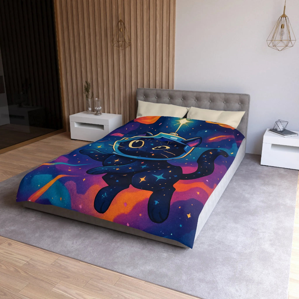 Housse de couette chat cosmique dans l’espace avec étoiles et planètes colorées