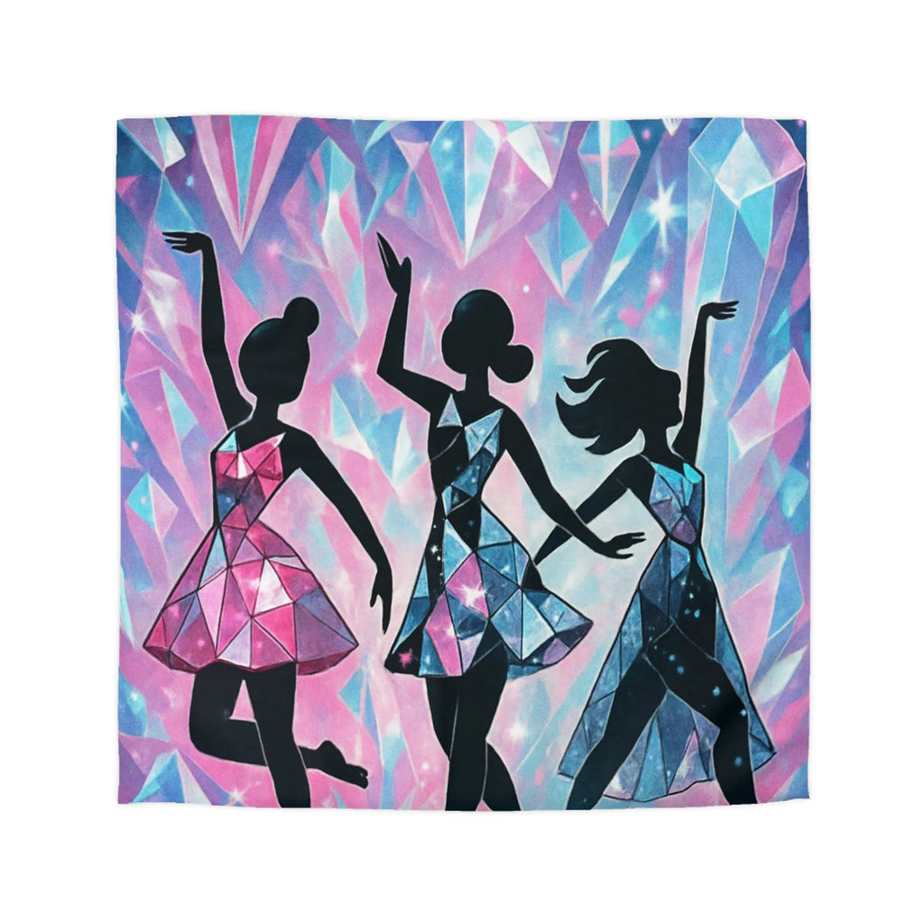 Élégantes silhouettes de danseuses avec motifs géométriques sur fond cristallin scintillant