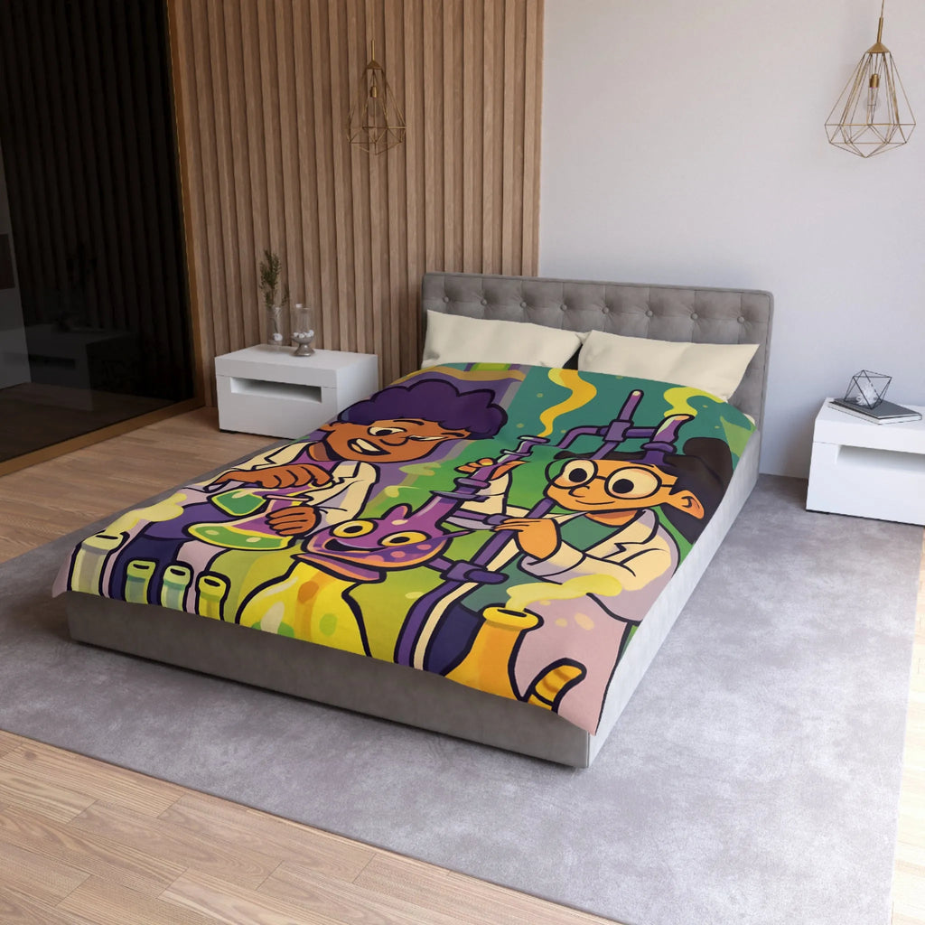 Housse de couette colorée avec deux scientifiques animés et expériences chimiques ludiques