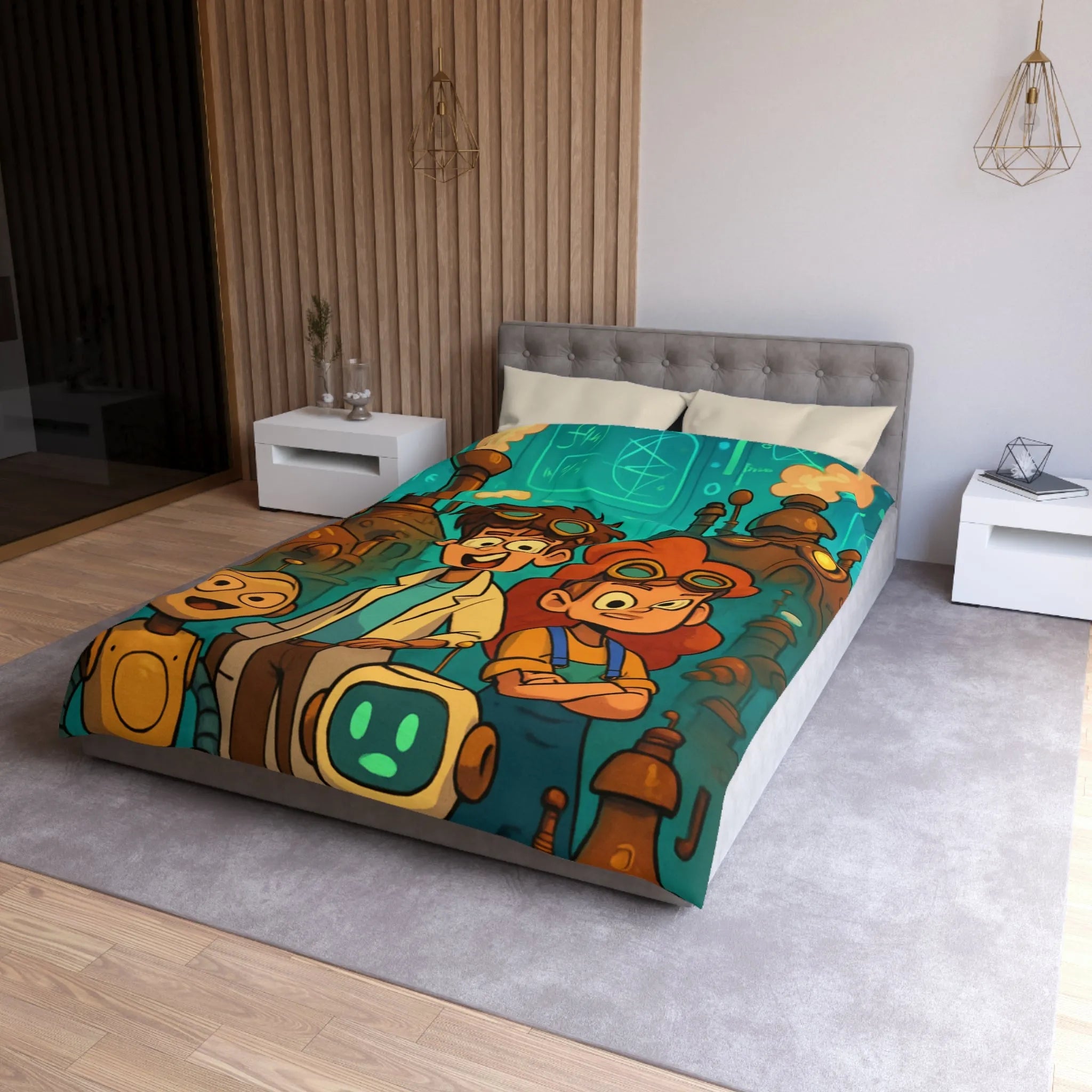 Exploration robotique en atelier steampunk coloré avec jeunes inventeurs et machines futuristes