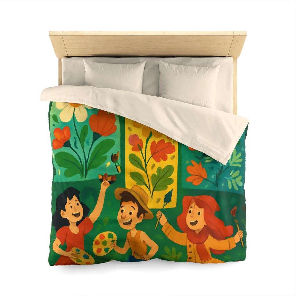 Housse de couette colorée avec design floral et personnages ludiques pour chambre joyeuse