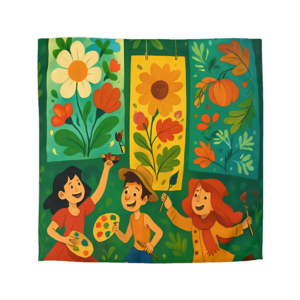 Housse de couette colorée avec design floral et personnages ludiques pour chambre joyeuse