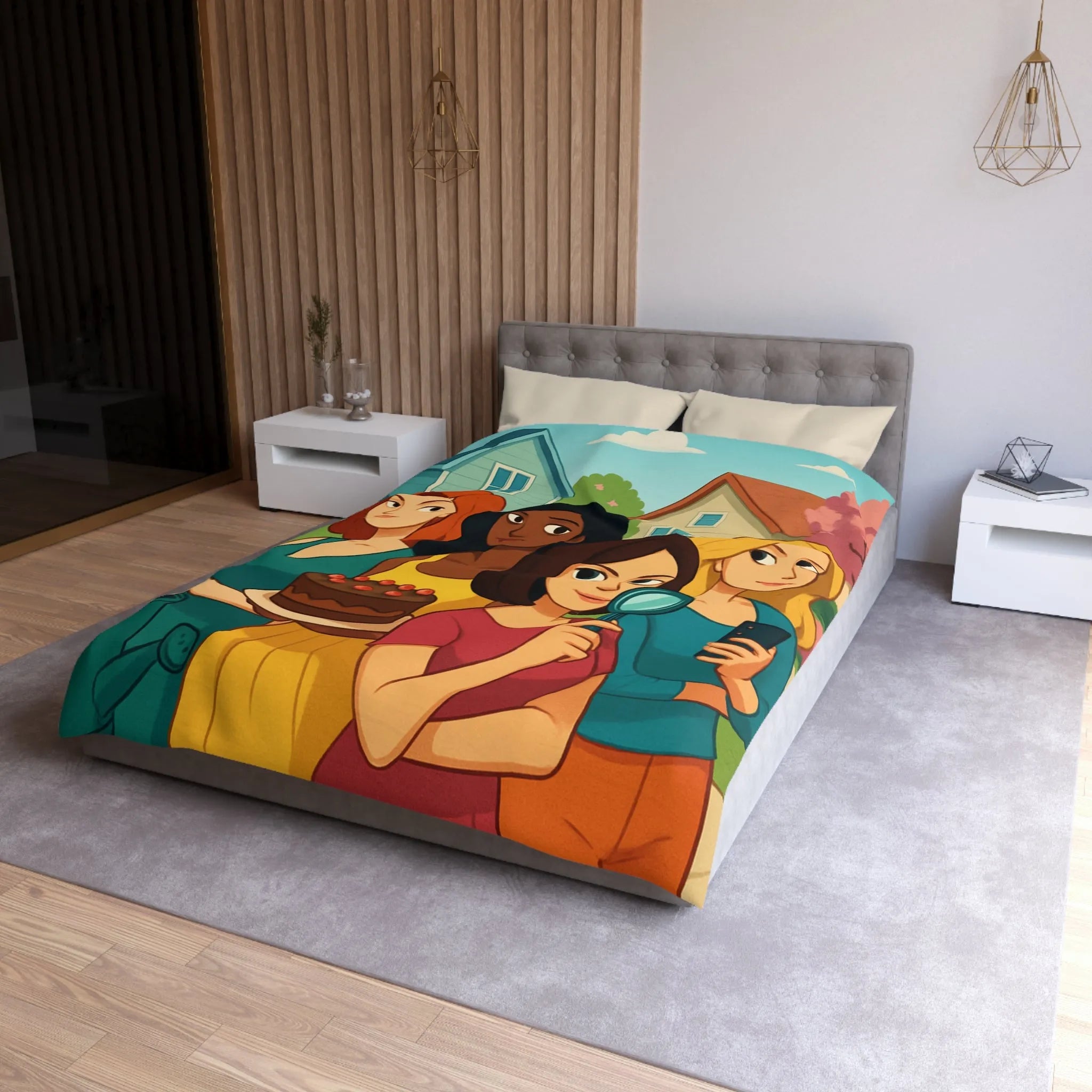 Housse de Couette Illustrée Fête Femme Jardin avec Loupe Gâteau et Téléphone