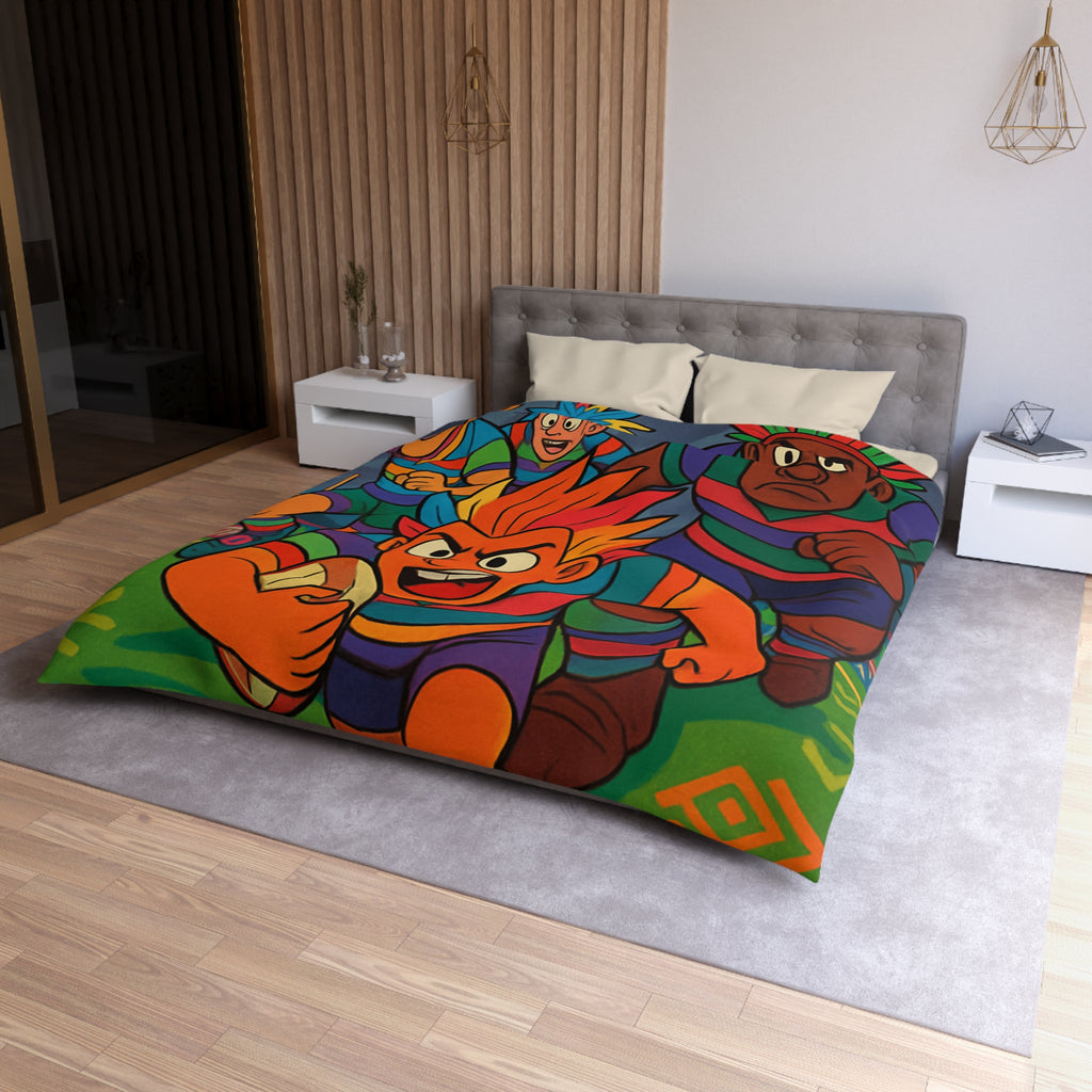 Parure de lit colorée avec joueurs de rugby en style bande dessinée pour enfant