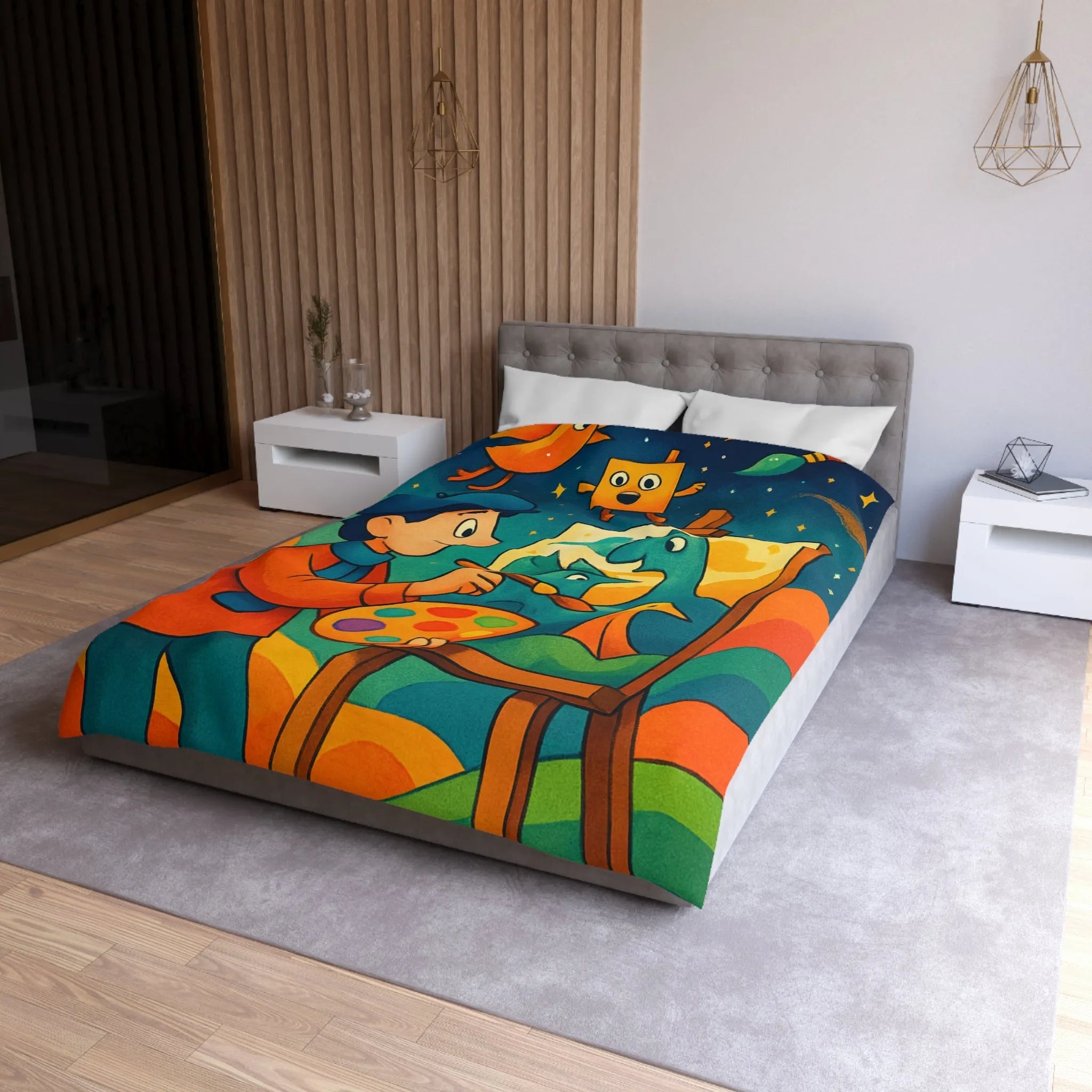 Housse de couette artistique colorée avec peintre et créatures fantaisistes en arrière-plan étoilé