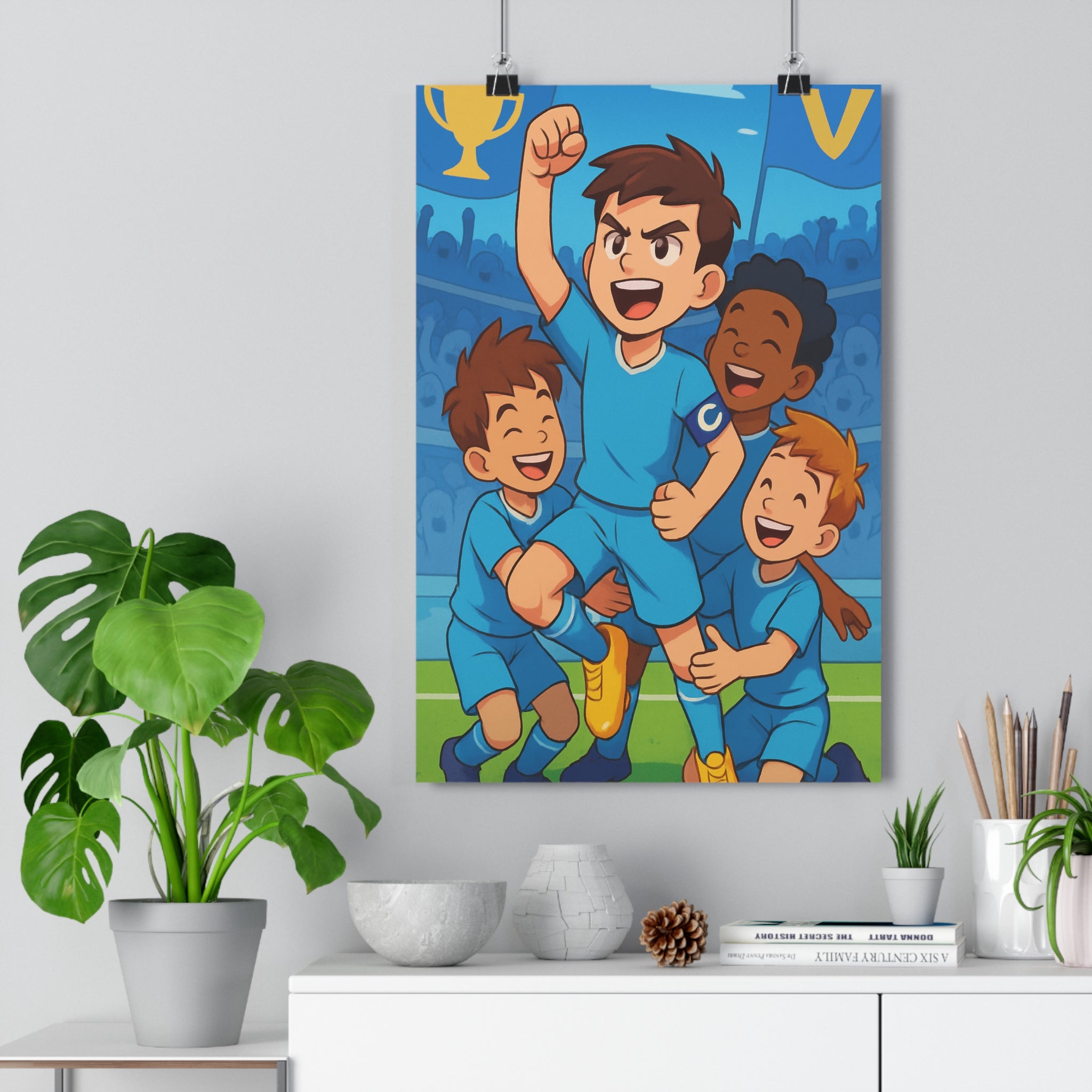 Poster décoratif vibrant football joyeux bande dessinée bleu jeunes victoire énergie chambre enfant qualité