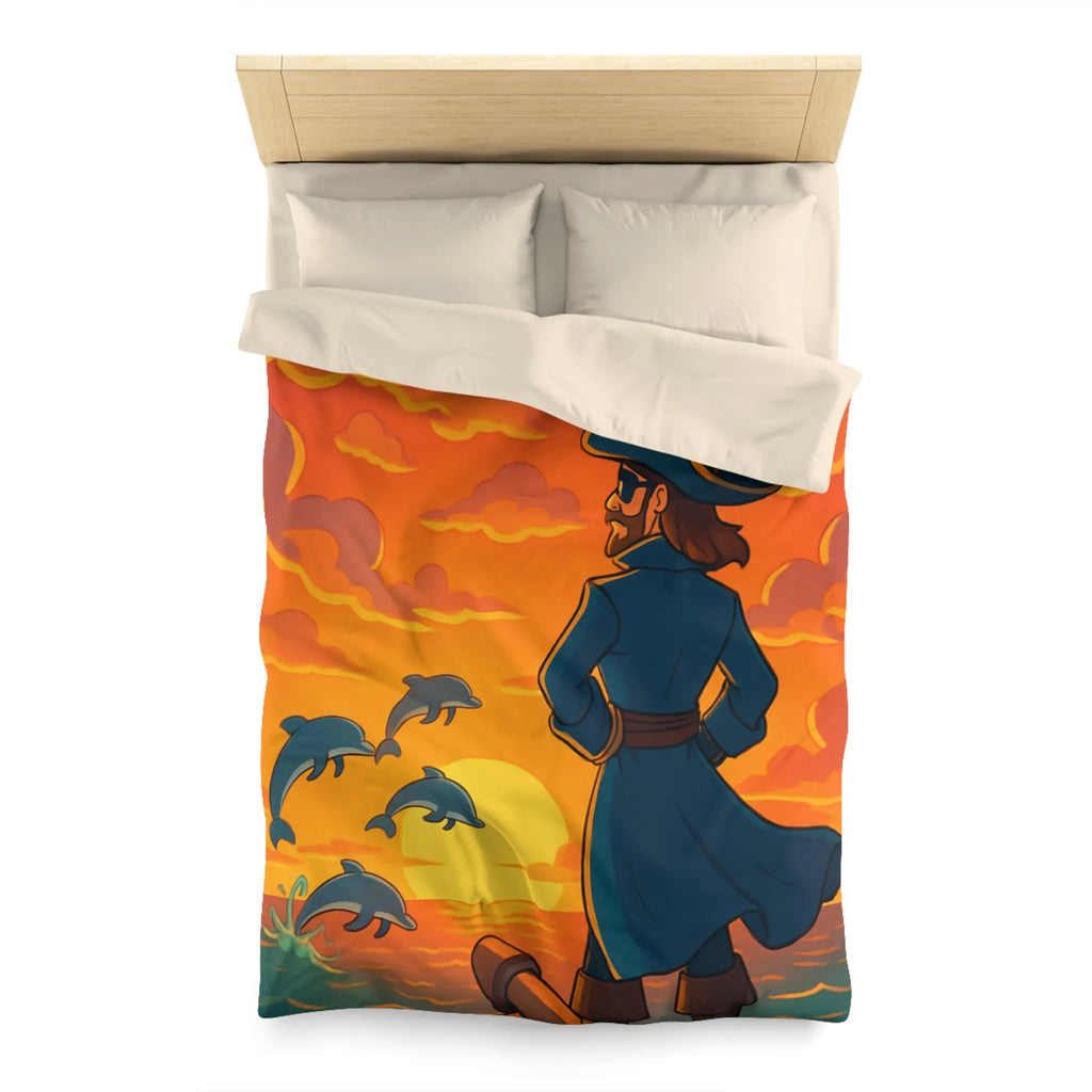 Housse de couette avec pirate contemplant dauphins sous ciel flamboyant au coucher du soleil