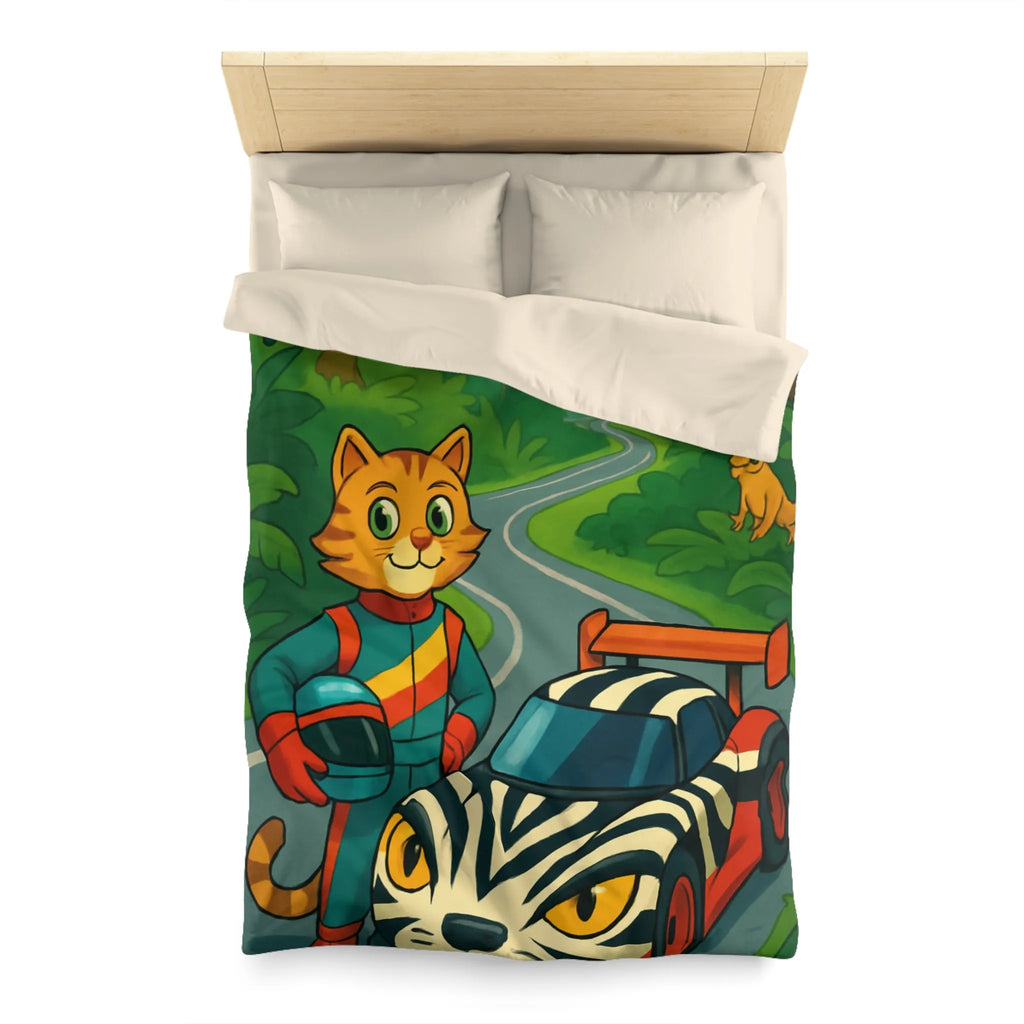 Housse de couette illustrée avec pilote chat, voiture zébrée et jungle luxuriante