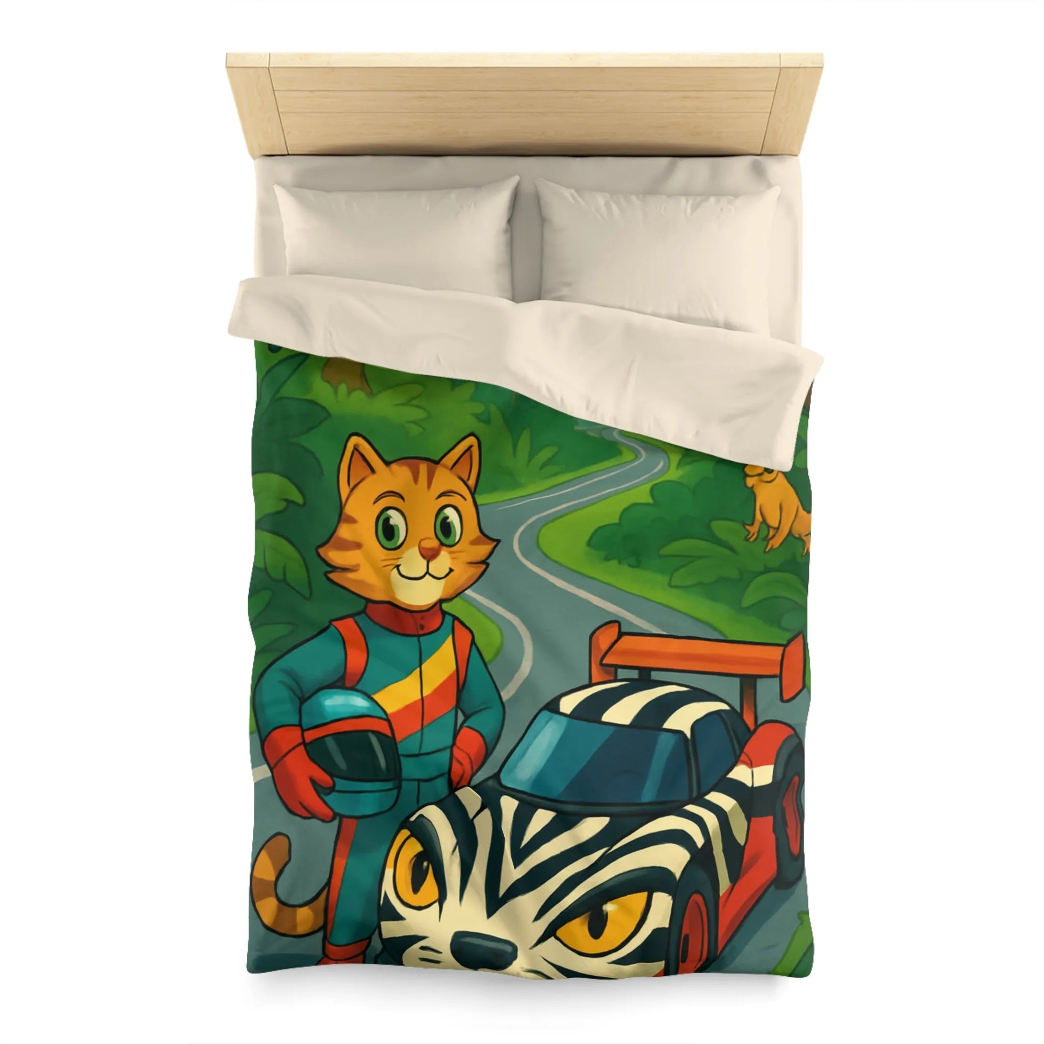 Housse de couette illustrée avec pilote chat, voiture zébrée et jungle luxuriante