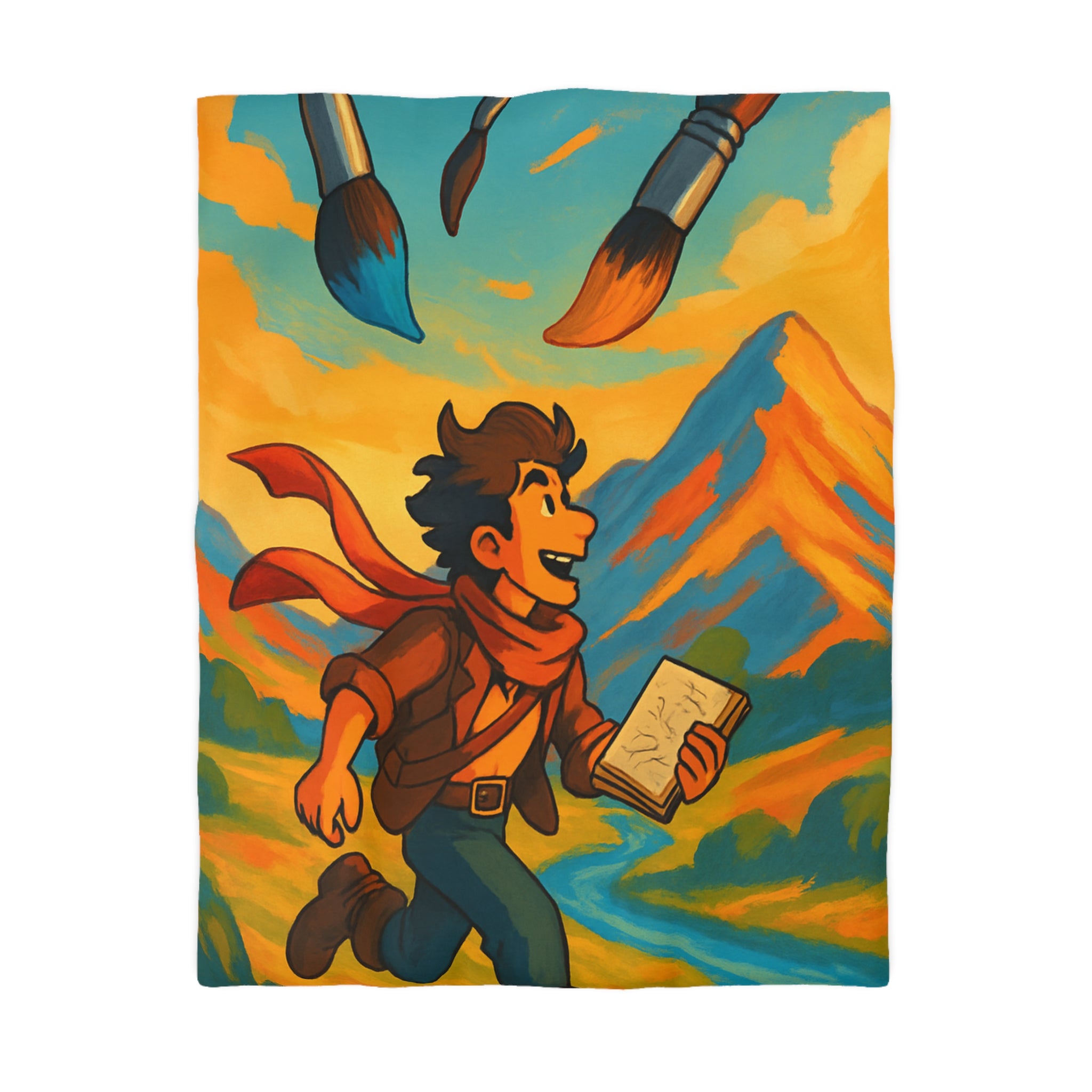 Housse de couette vibrante avec illustration de paysage montagnard et artiste joyeux