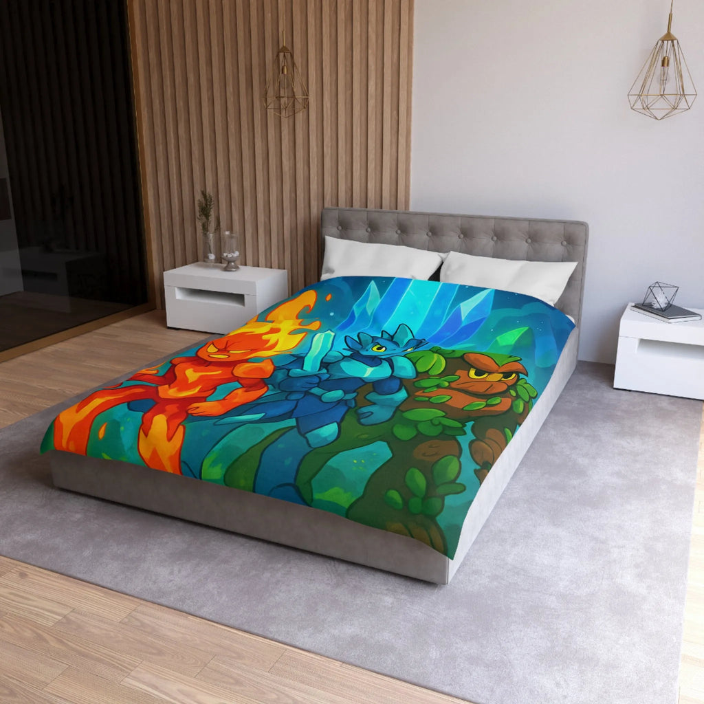 Housse de couette avec personnages élémentaires : feu, glace et terre, ambiance fantastique
