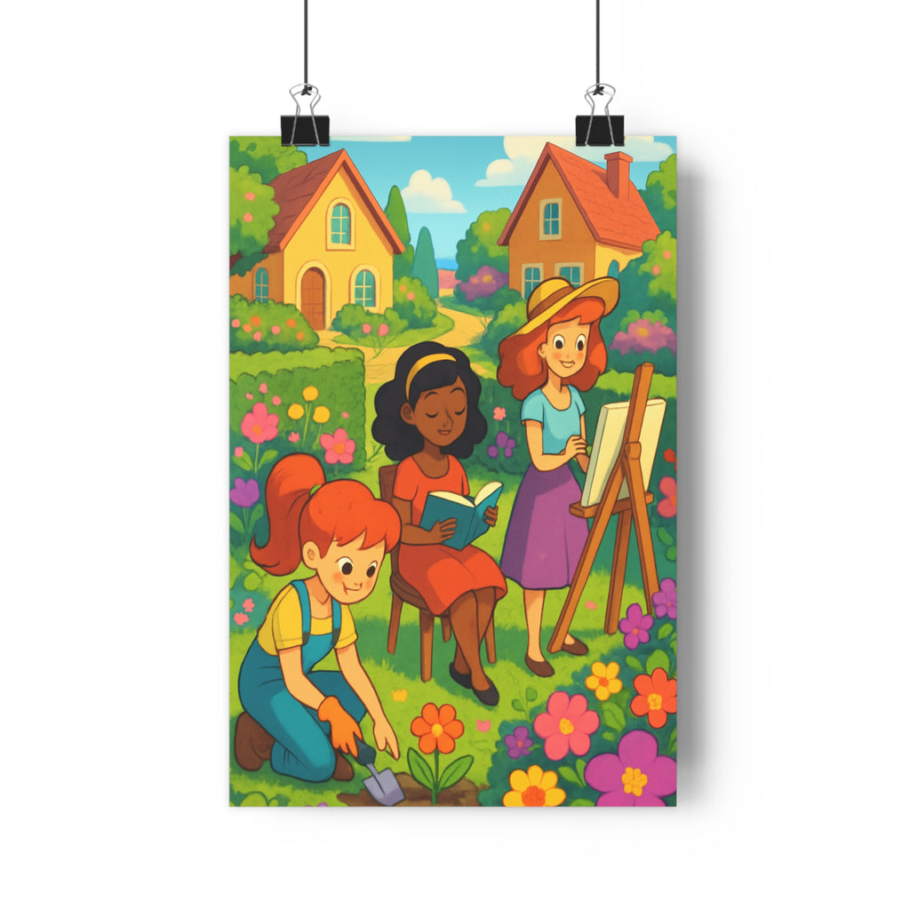 Poster décoratif cartoon vibrant coloré joyeux salon chambre femme jardin lecture peinture qualité qualité