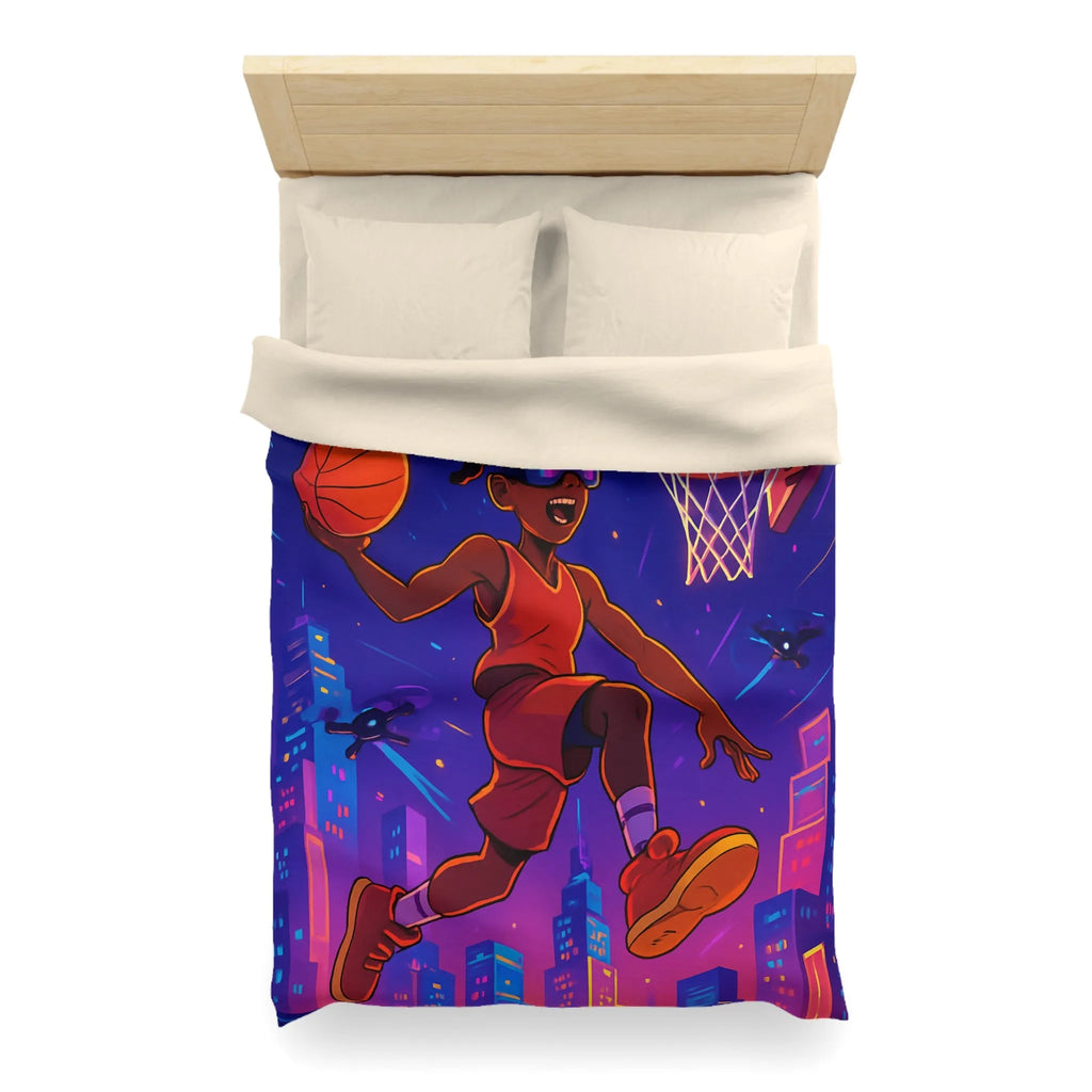 Housse de couette colorée avec joueur de basket futuriste volant avec drones cabine urbaine
