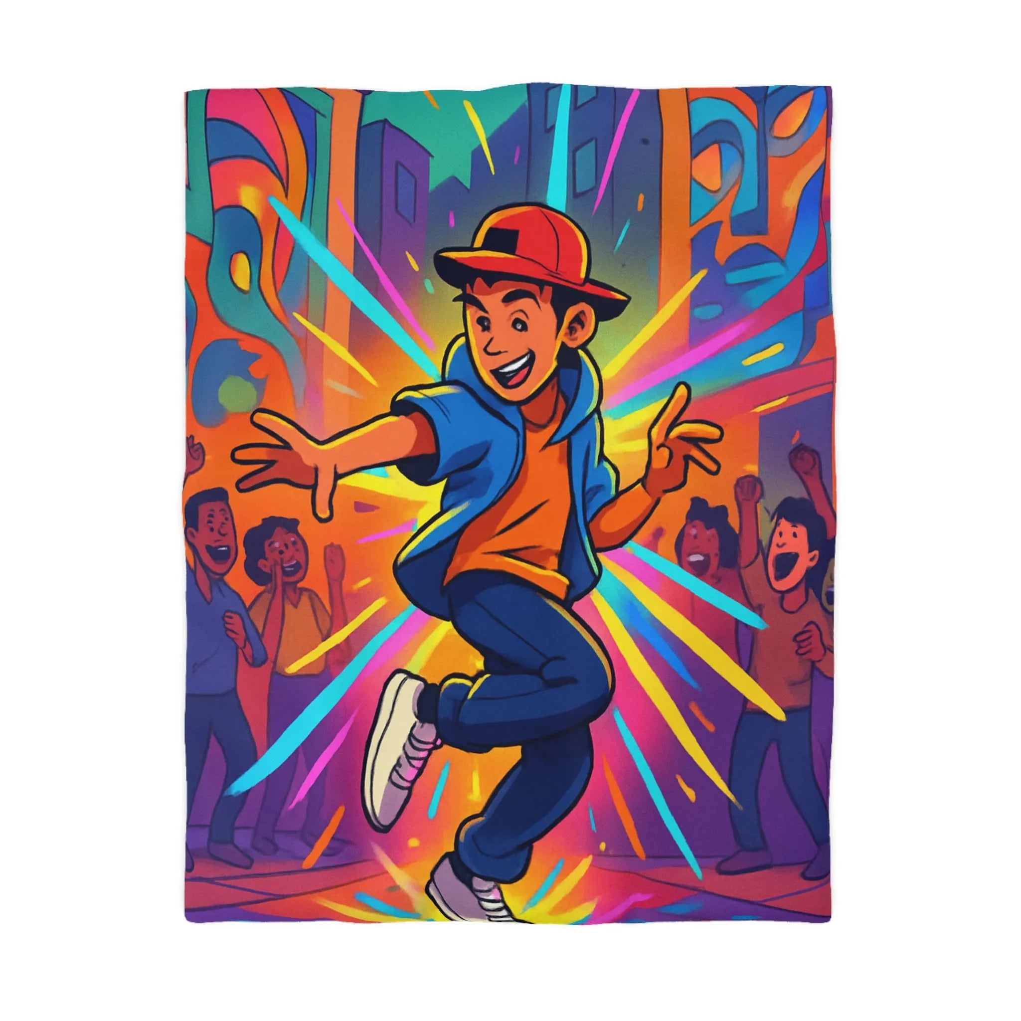 Housse couette street dance couleur vive, ambiance urbaine, dessin dynamique jeune garçon joyeux