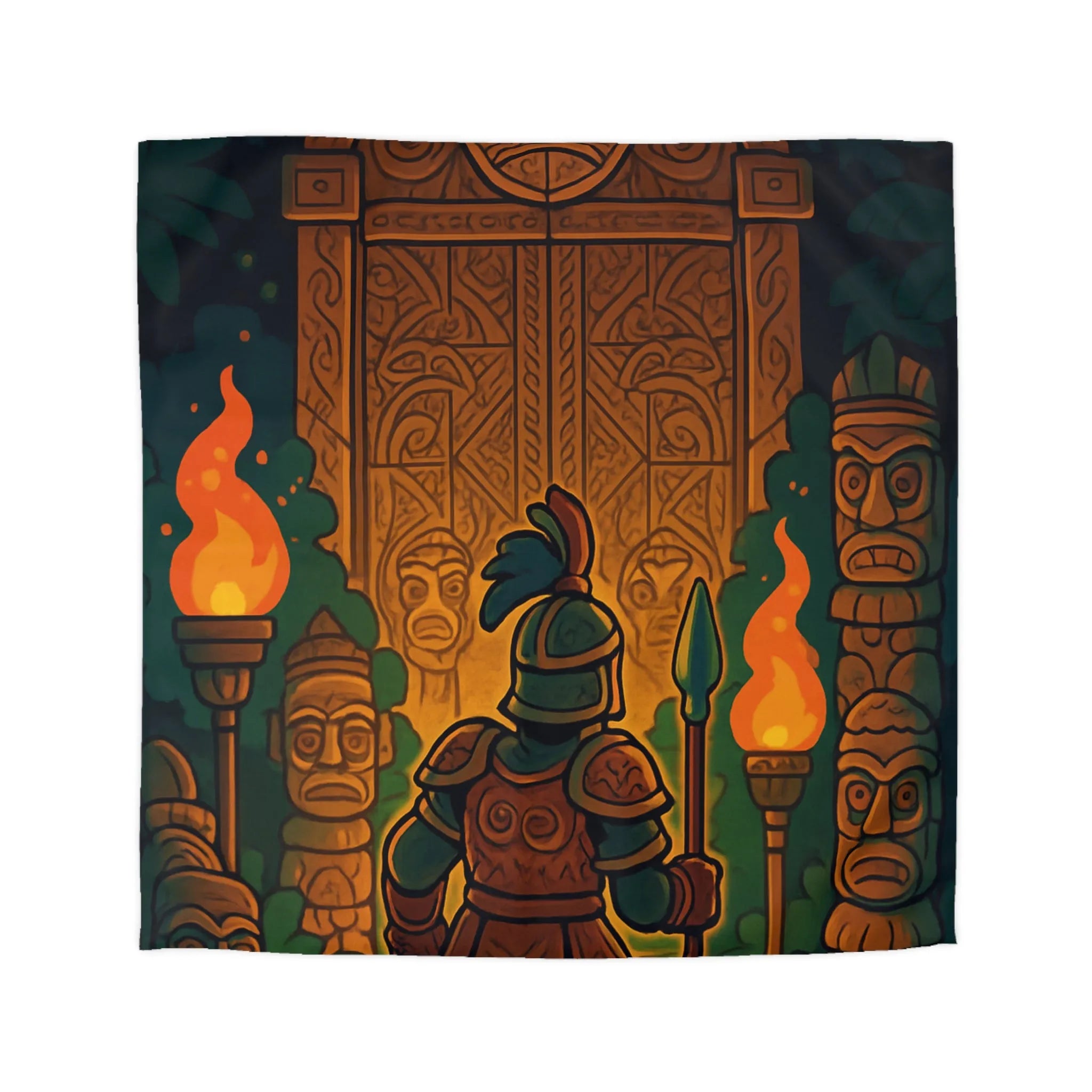 Housse de couette guerrier devant porte mystique avec torches et statues anciennes