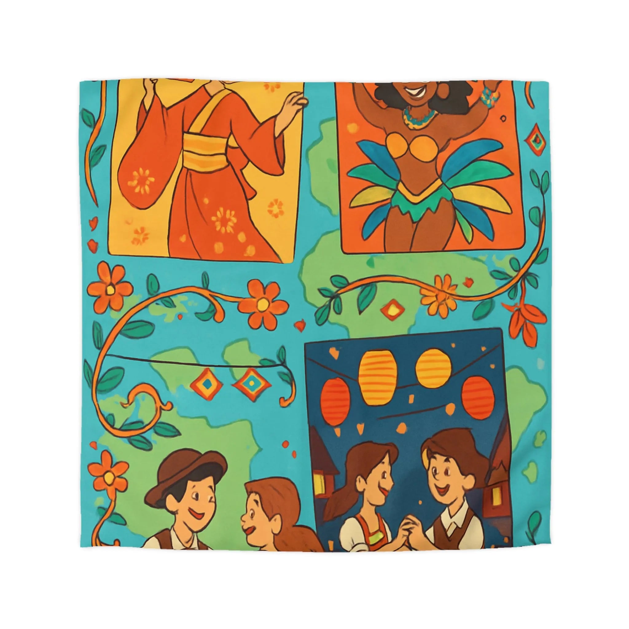 Housse de couette colorée avec dessins folkloriques, danseurs, motifs floraux multicolores attractifs