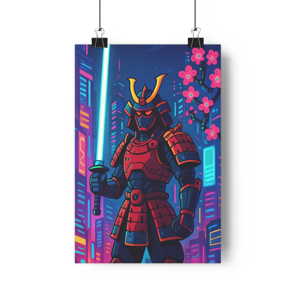 Poster décoratif futuriste samouraï cyberpunk lumineux rouge noir ville moderne ambiance élégante salon chambre