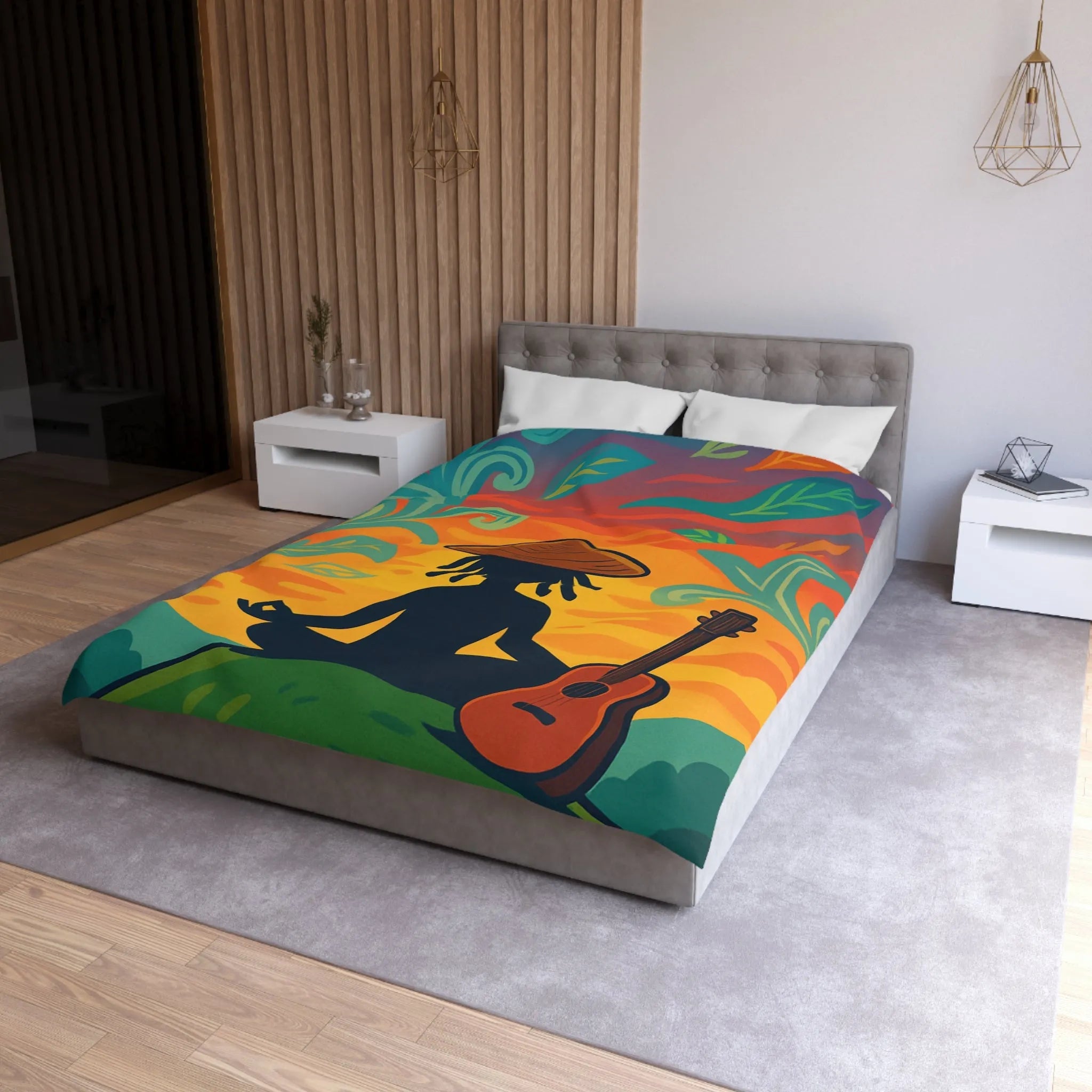 Housse de couette avec silhouette méditative et nature vibrante sous coucher de soleil coloré