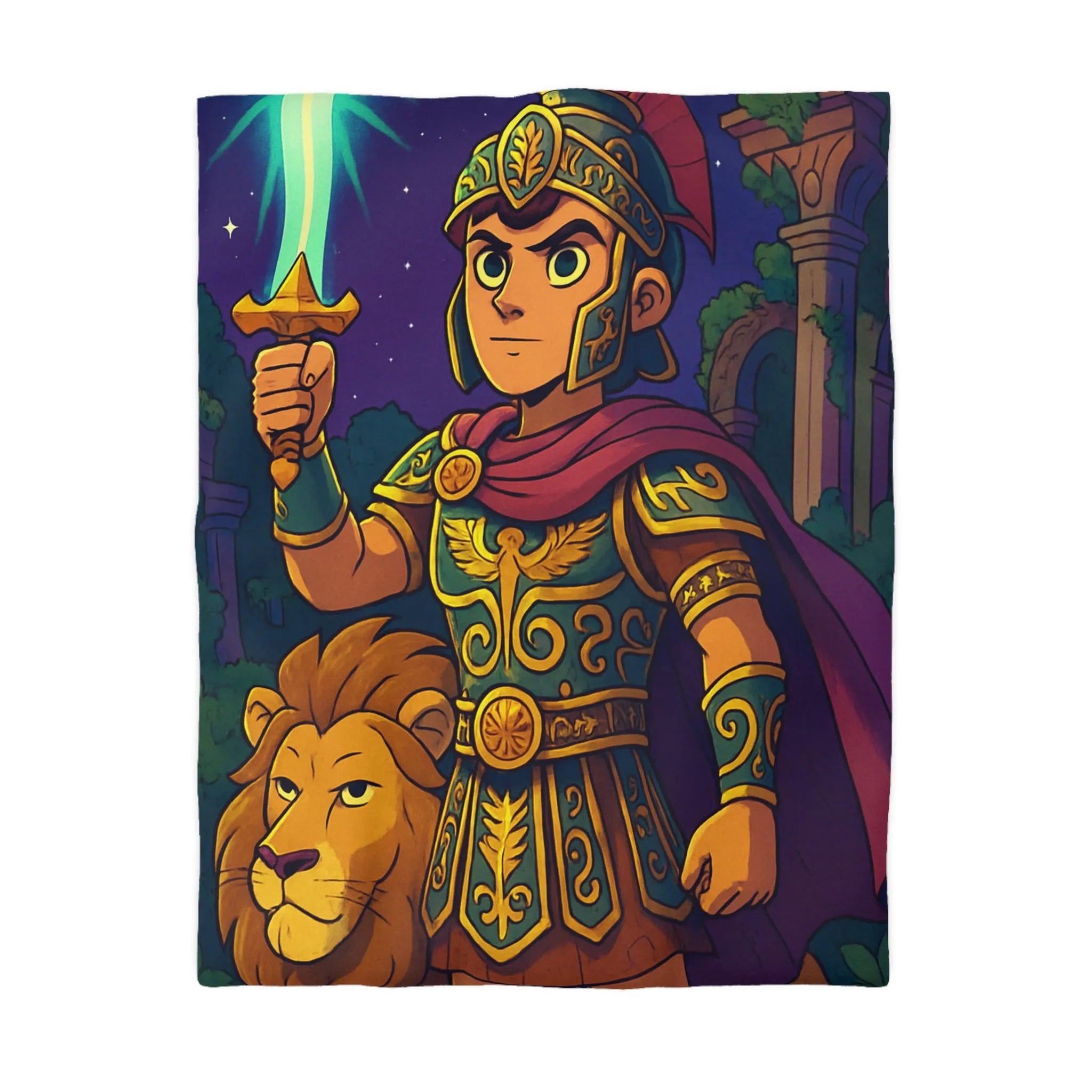 Housse de couette épique pour enfants avec un guerrier et un lion mythiques