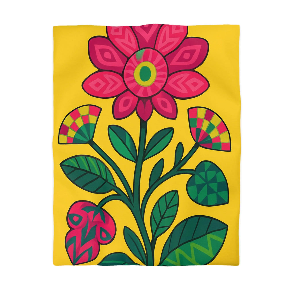 Housse de couette florale vibrante avec grandes fleurs rouges et feuilles vertes sur fond jaune