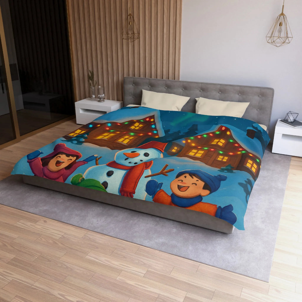 Housse de couette enfants avec design joyeux d'hiver, neige et cabanes éclairées