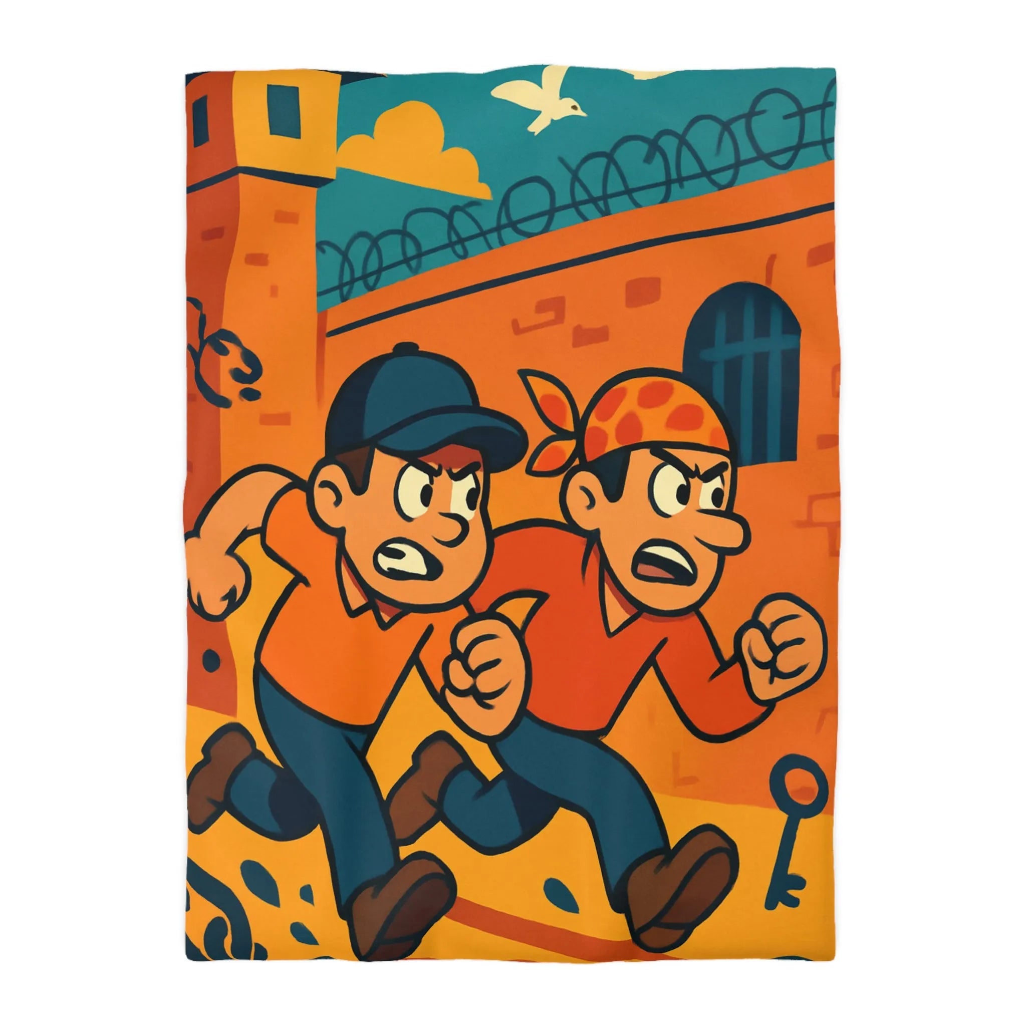 Housse de couette cartoon évasion prisonniers, ambiance aventure et couleurs vives captivantes