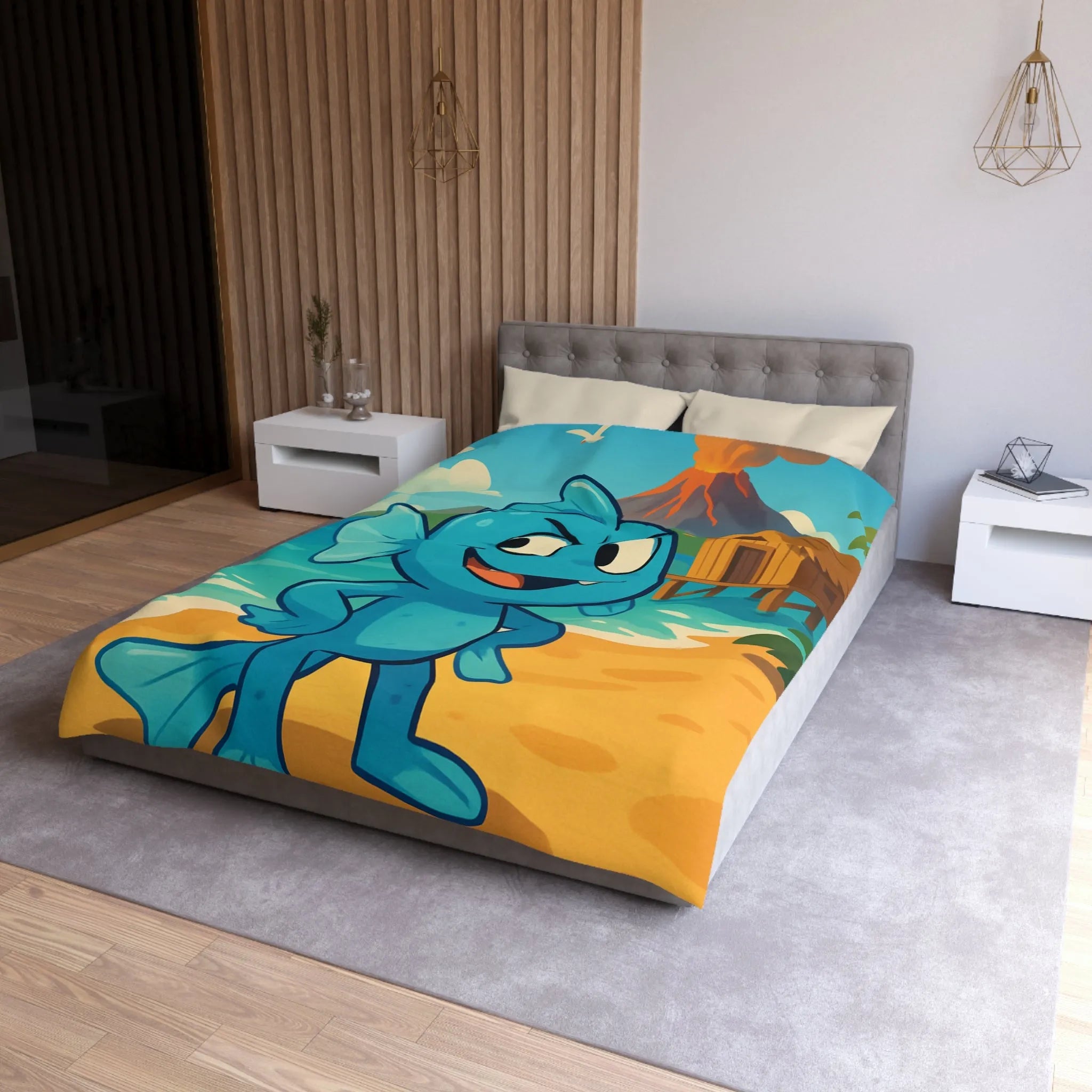 Housse de couette île tropicale avec poisson bleu et volcan en arrière-plan