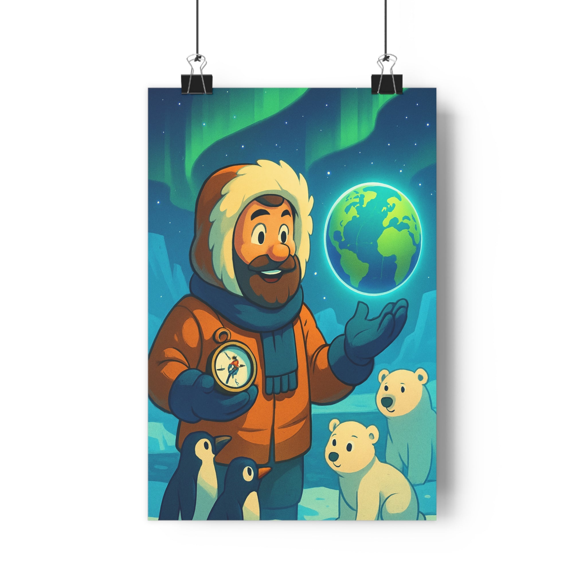 Poster décoratif cartoon aventure bleu blanc chambre enfant chaleureux explorateur polaire pingouin ourson boussole