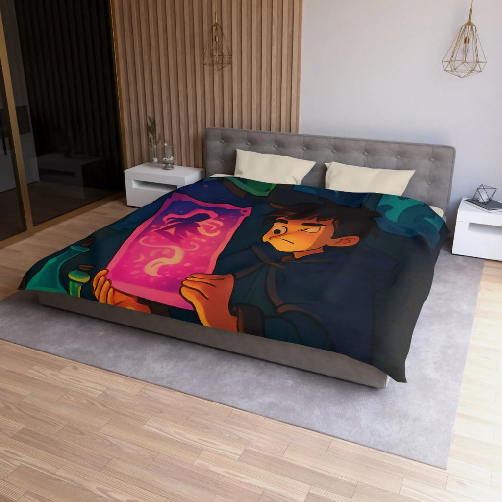 Enfant Magicien Lisant Papyrus Magique Avec Décor De Potions Et Affiches Mystiques