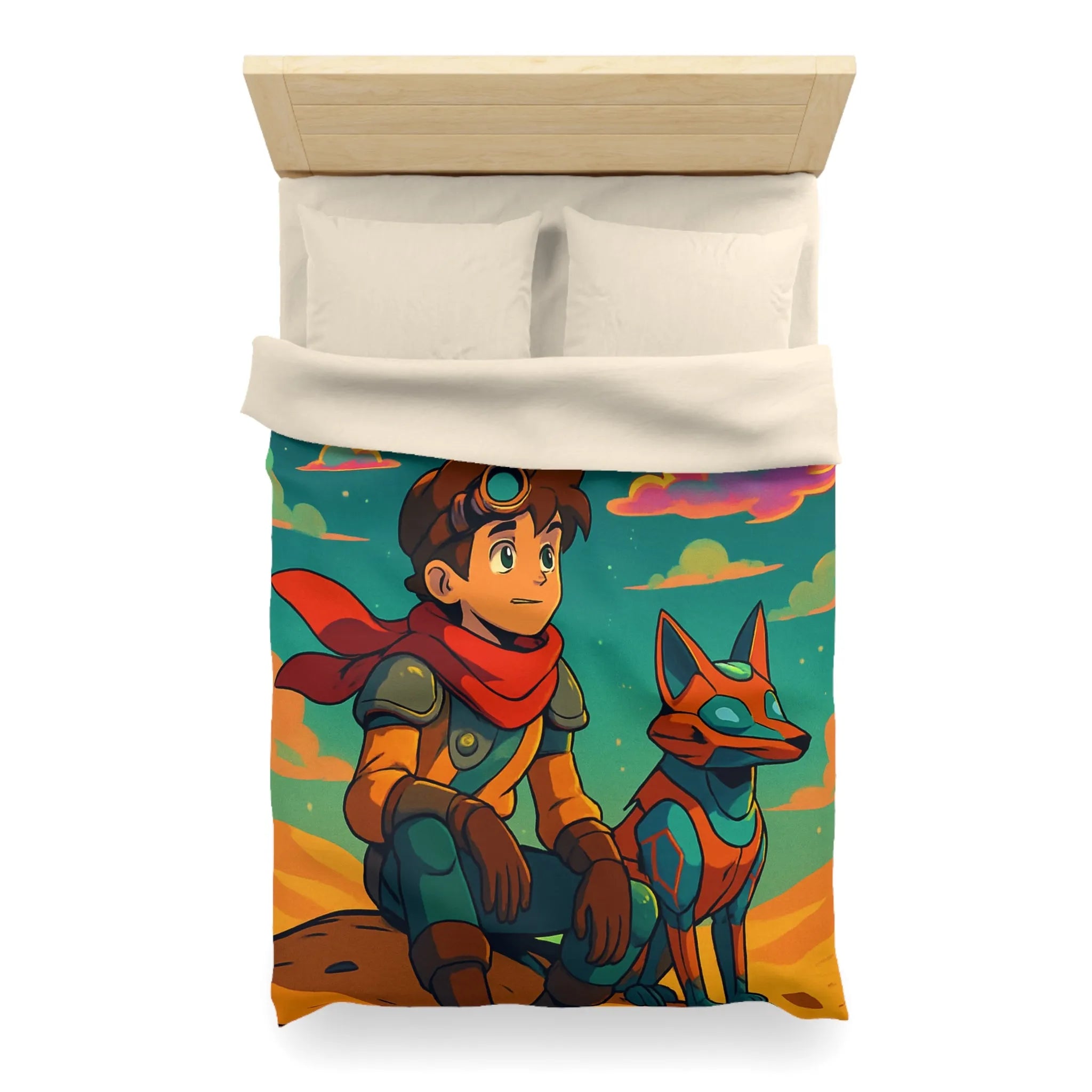 Housse de couette avec illustration colorée de personnage animé et chien robot sous ciel étoilé