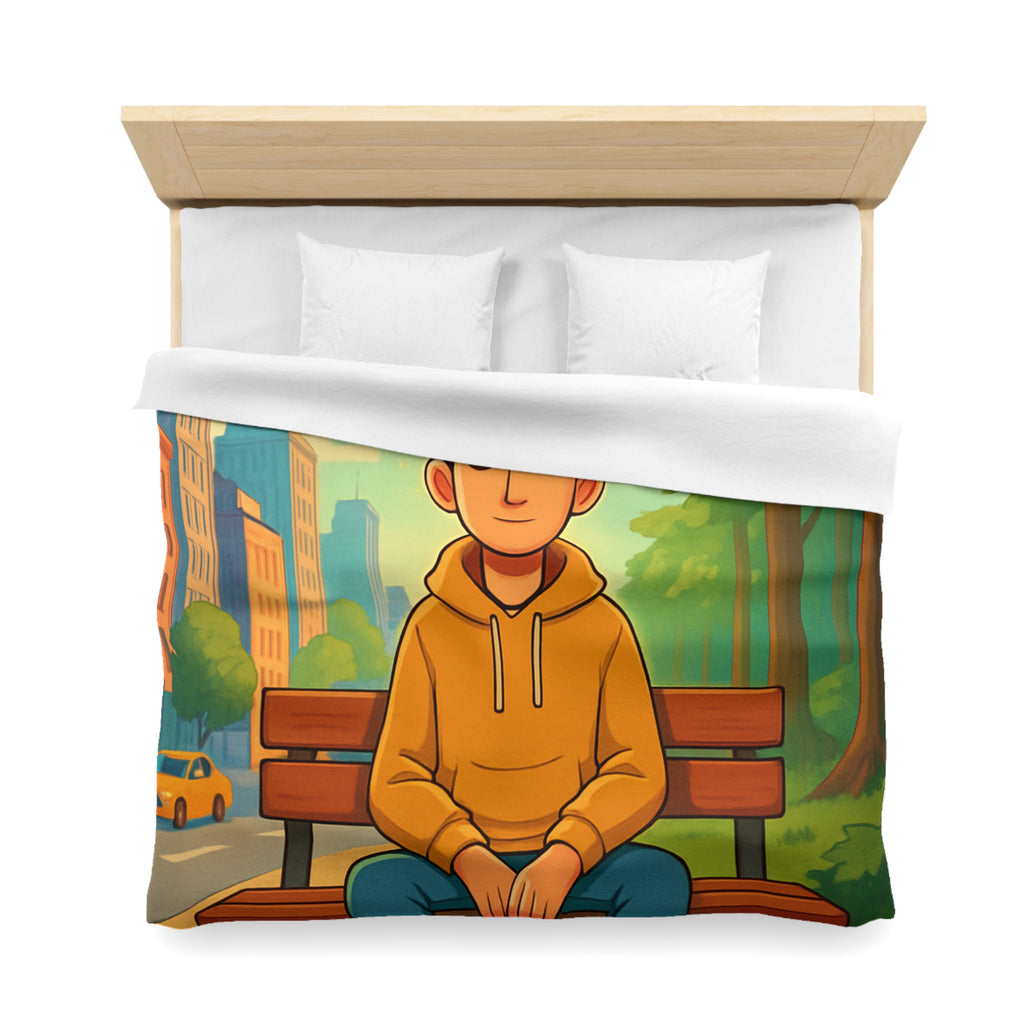 Housse de couette rêveuse garçon banco bois cartes illuminées parc illustré nature