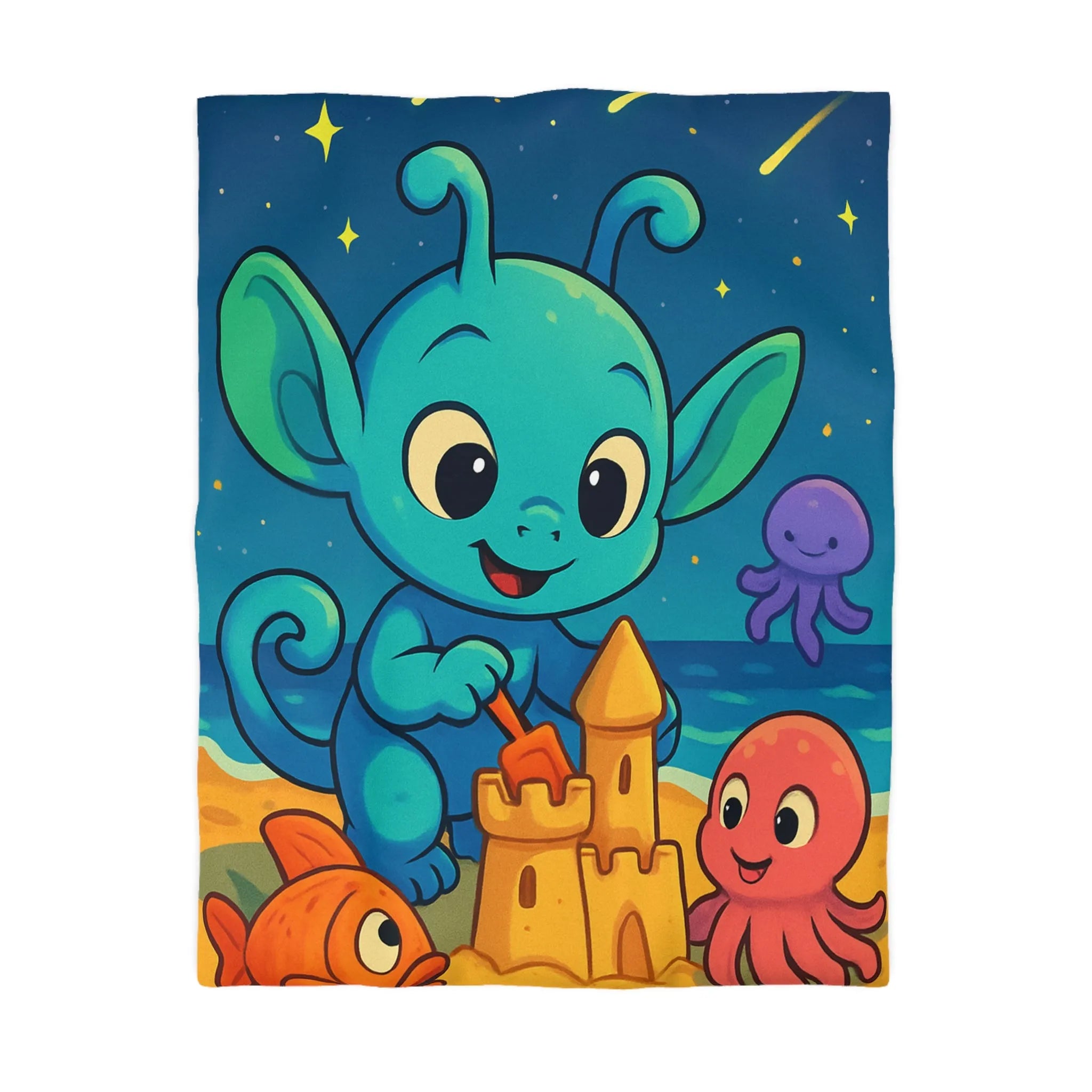 Housse de couette enfant avec créature bleue construisant un château de sable amusant