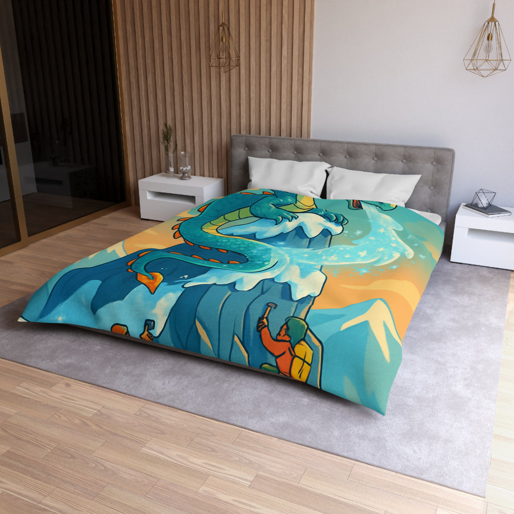 Montagne enneigée gardée par un dragon crachant de la glace, aventure épique illustrée