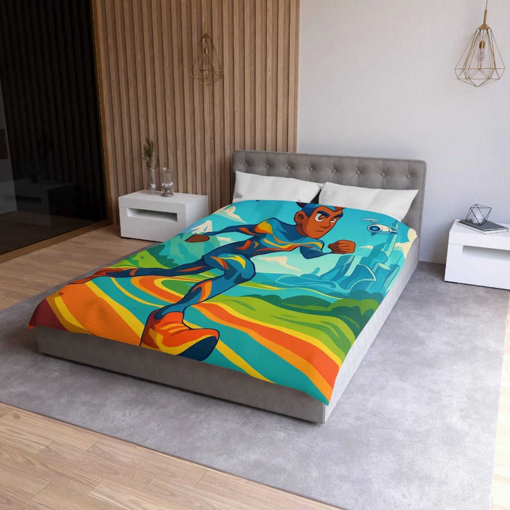 Housse de couette colorée pour chambre futuriste avec coureur et drones volants