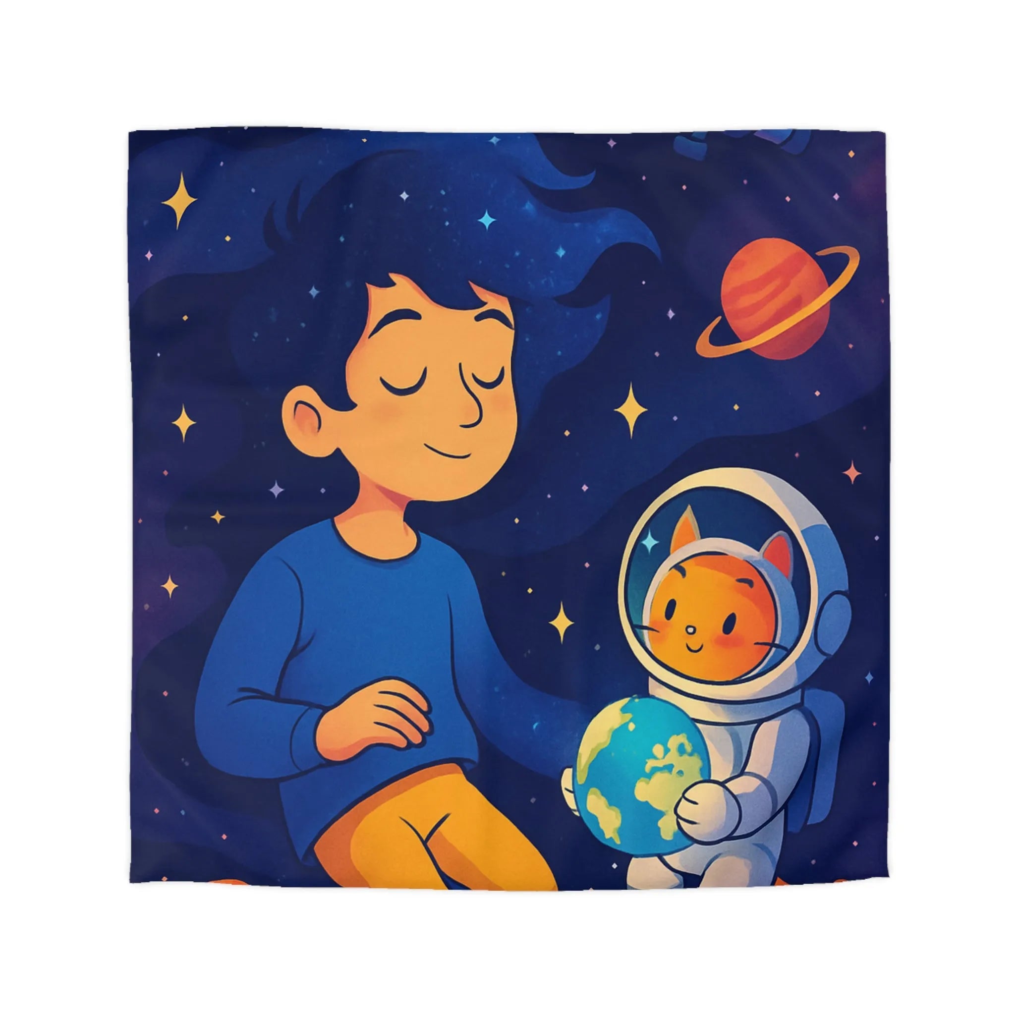Housse de couette enfant rêve cosmique avec chat astronaute et planètes colorées