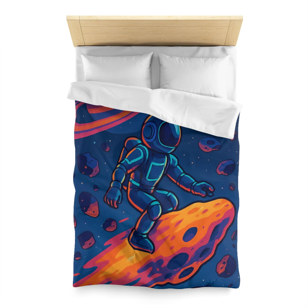 Aventure spatiale colorée avec astronaute sur météore, planète anneau et vaisseaux futuristes