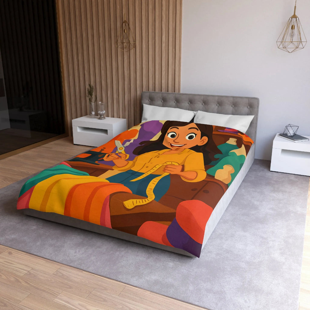 Housse de couette colorée avec motifs de couturière, outils et mannequins élégants