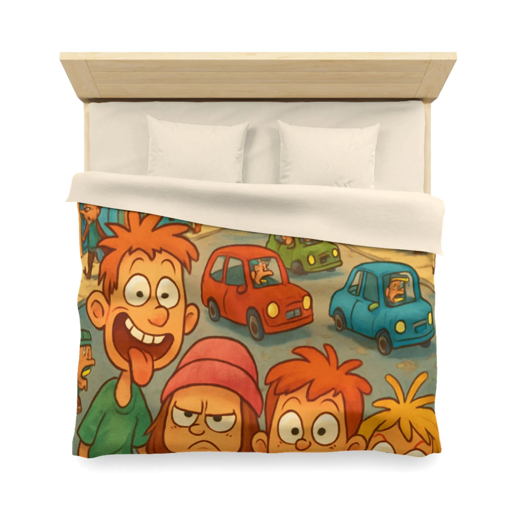 Housse de couette enfants joyeuse ville animée avec personnages colorés et expressions vives