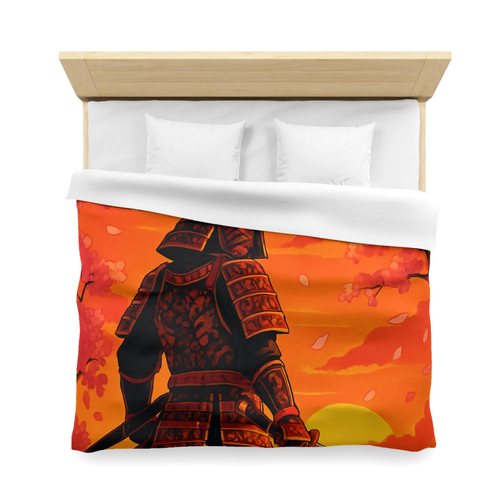 Housse de couette avec motif samouraï au coucher du soleil, arbres et fleurs roses