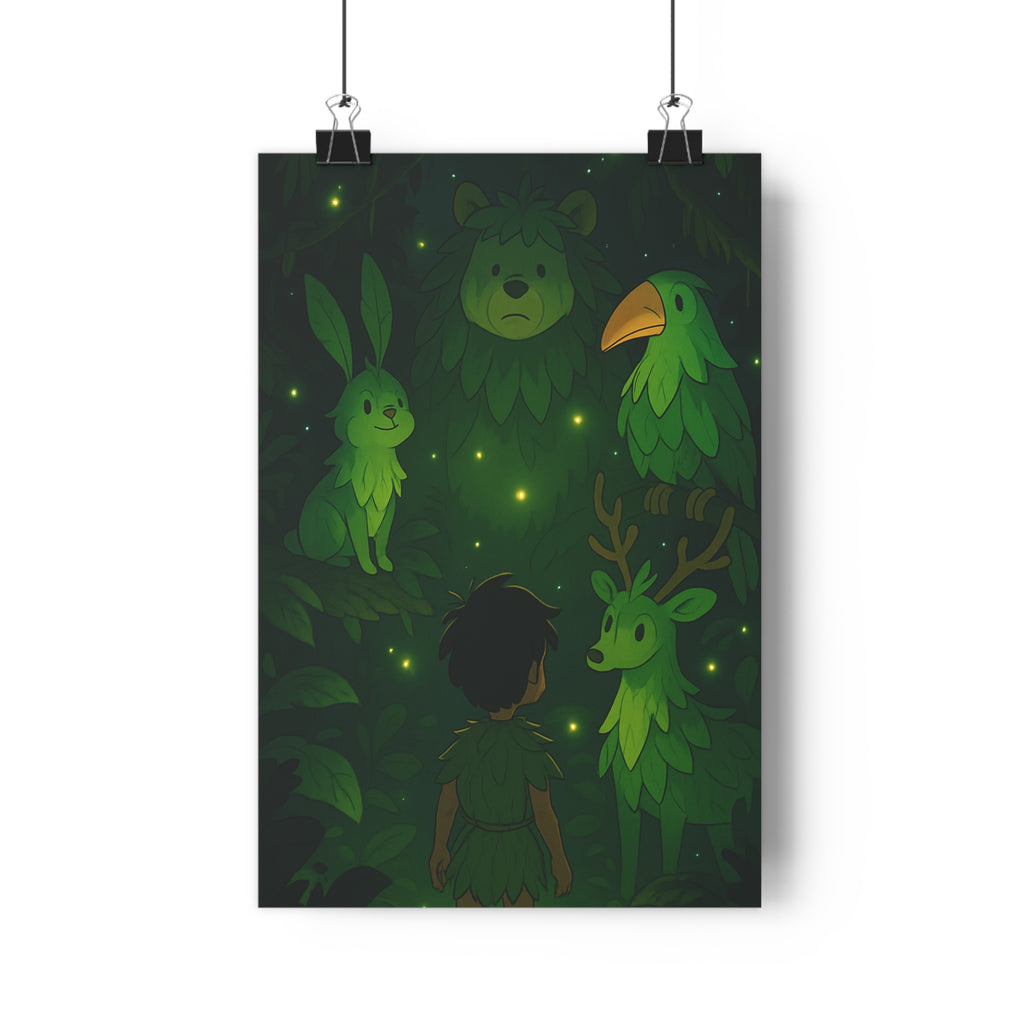 Poster décoratif vert forêt tropicale enfant animaux mystique enchantée illustration chambre aventure nature rêve