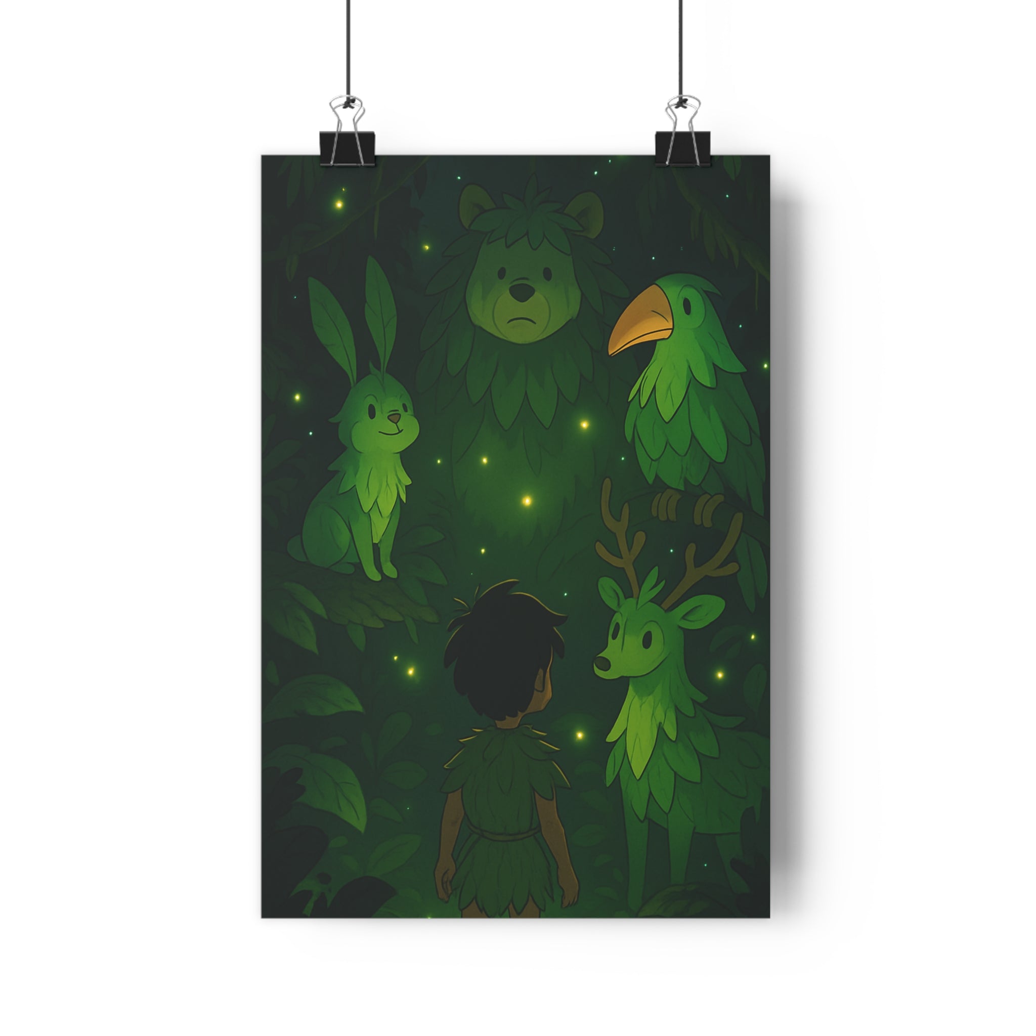 Poster décoratif vert forêt tropicale enfant animaux mystique enchantée illustration chambre aventure nature rêve