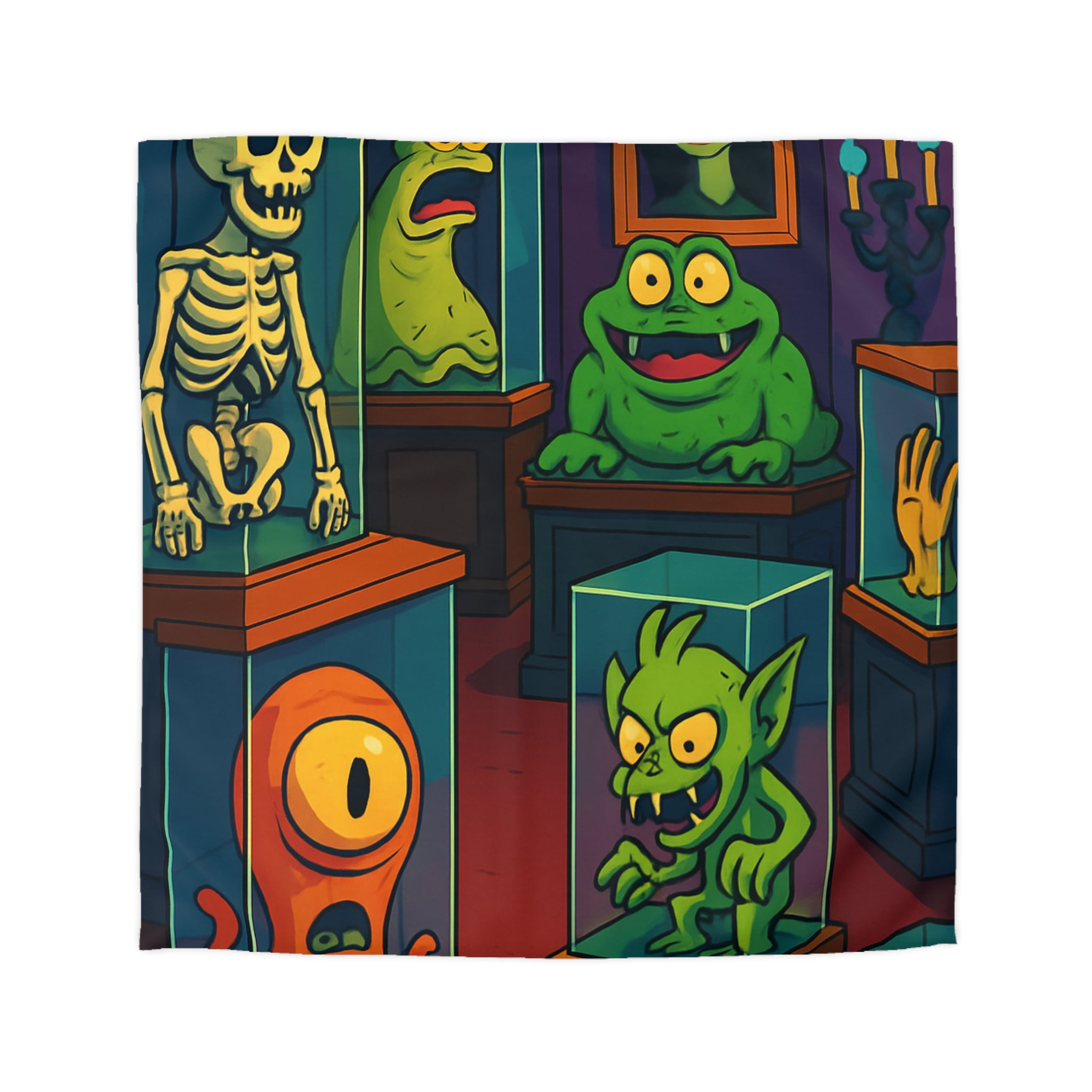 Housse de couette pour enfant avec monstres comiques dans un musée fantaisiste et coloré