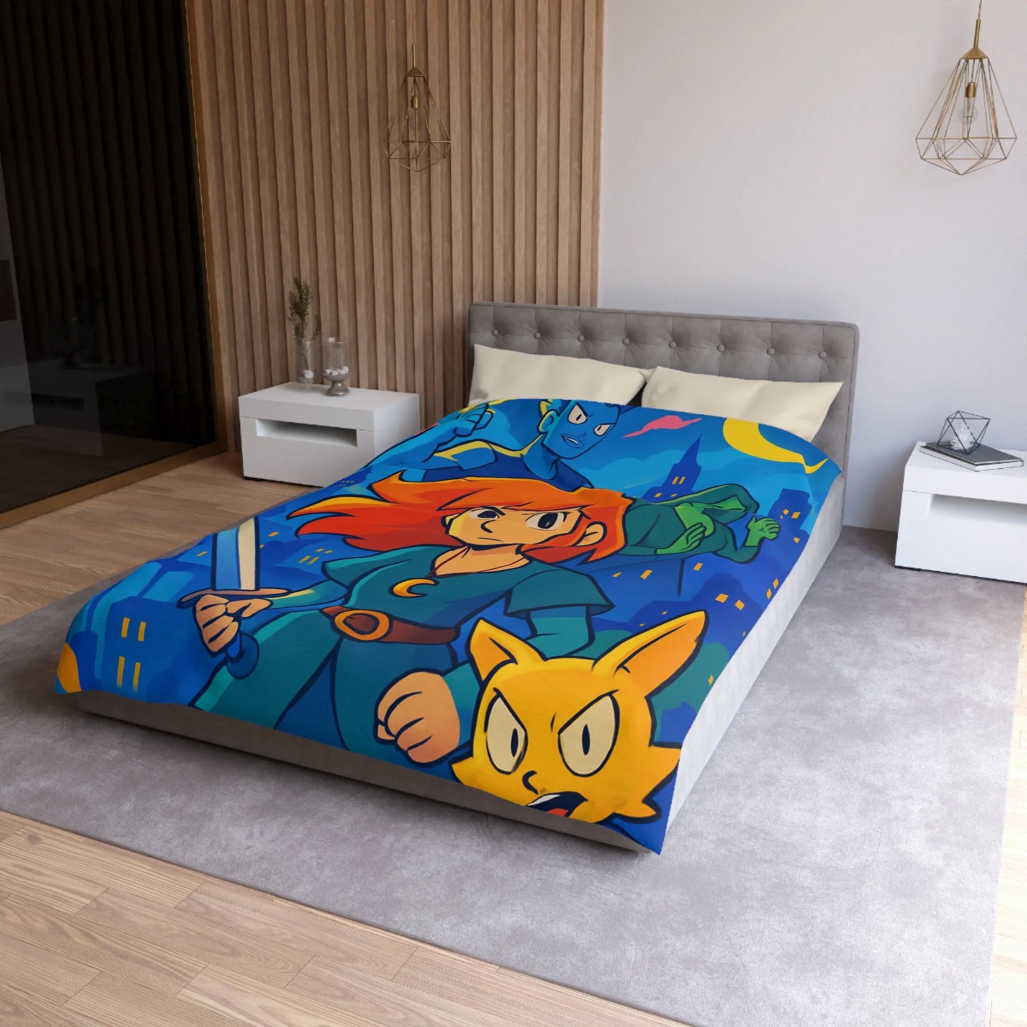 Housse de couette héroïque avec épée, ville nocturne et créatures fantastiques colorées