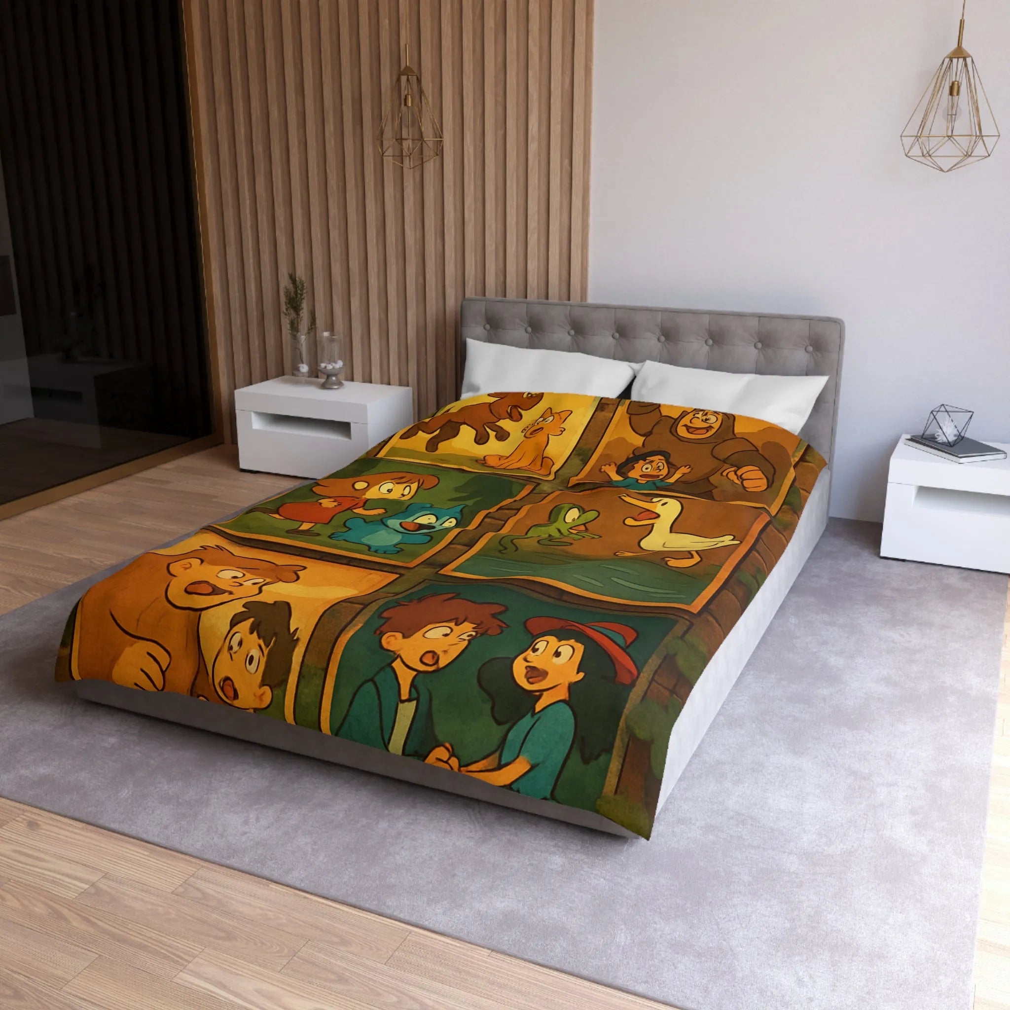 Housse de couette illustrée de scènes animées animalières et humaines ludiques et colorées