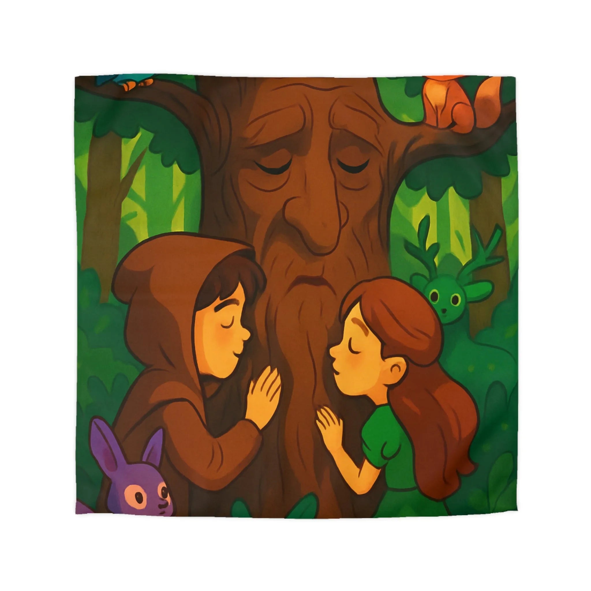 Housse de couette forêt enchantée avec animaux, arbres sages et personnages rêveurs