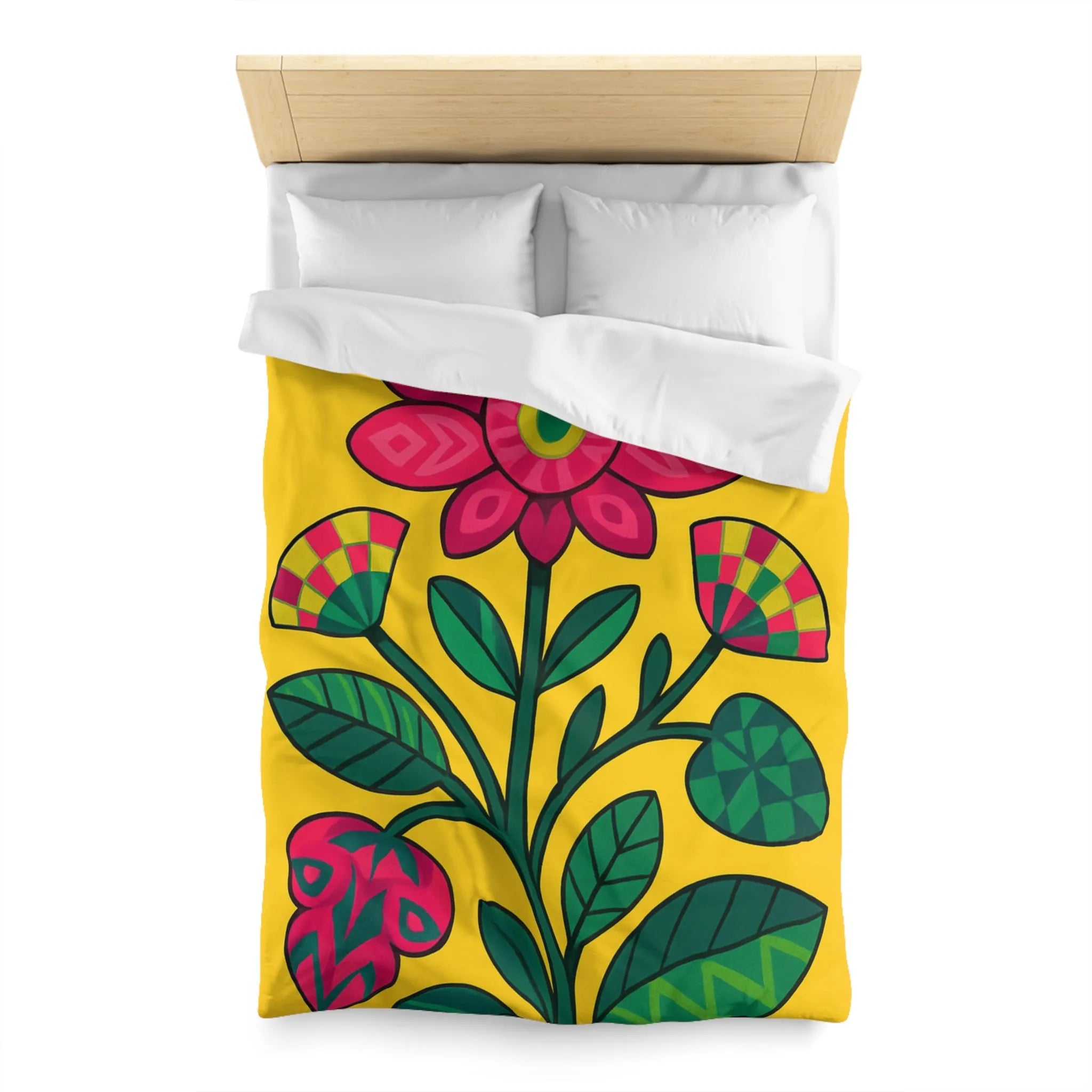 Housse de couette florale vibrante avec grandes fleurs rouges et feuilles vertes sur fond jaune