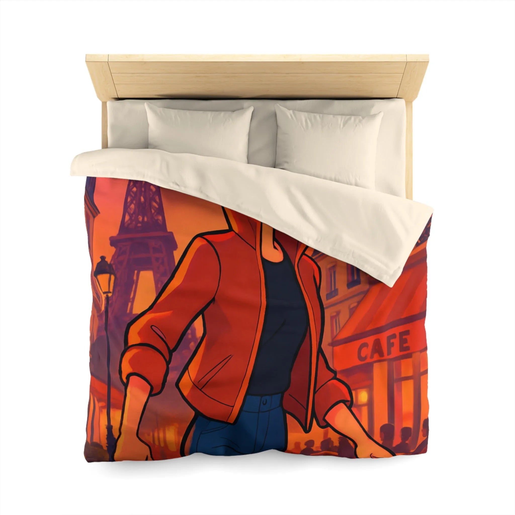 Housse de couette colorée avec illustration parisienne animée d'une silhouette joyeuse