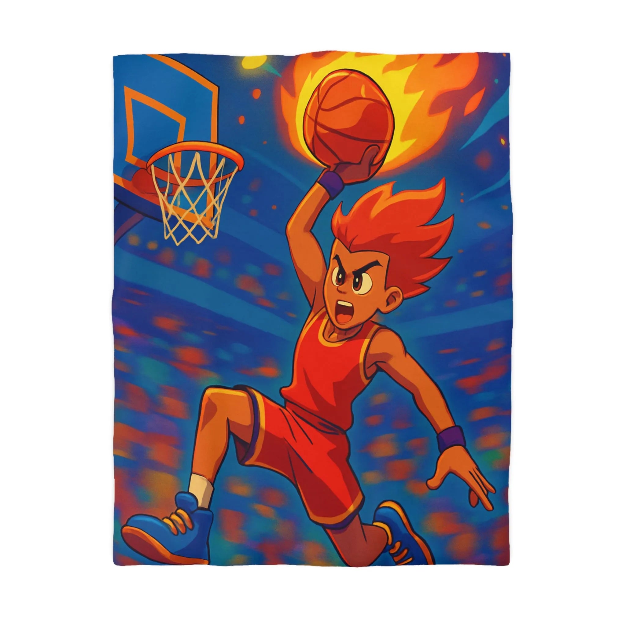 Housse de couette garçon avec joueur de basketball enflammé dans un style animé vibrant