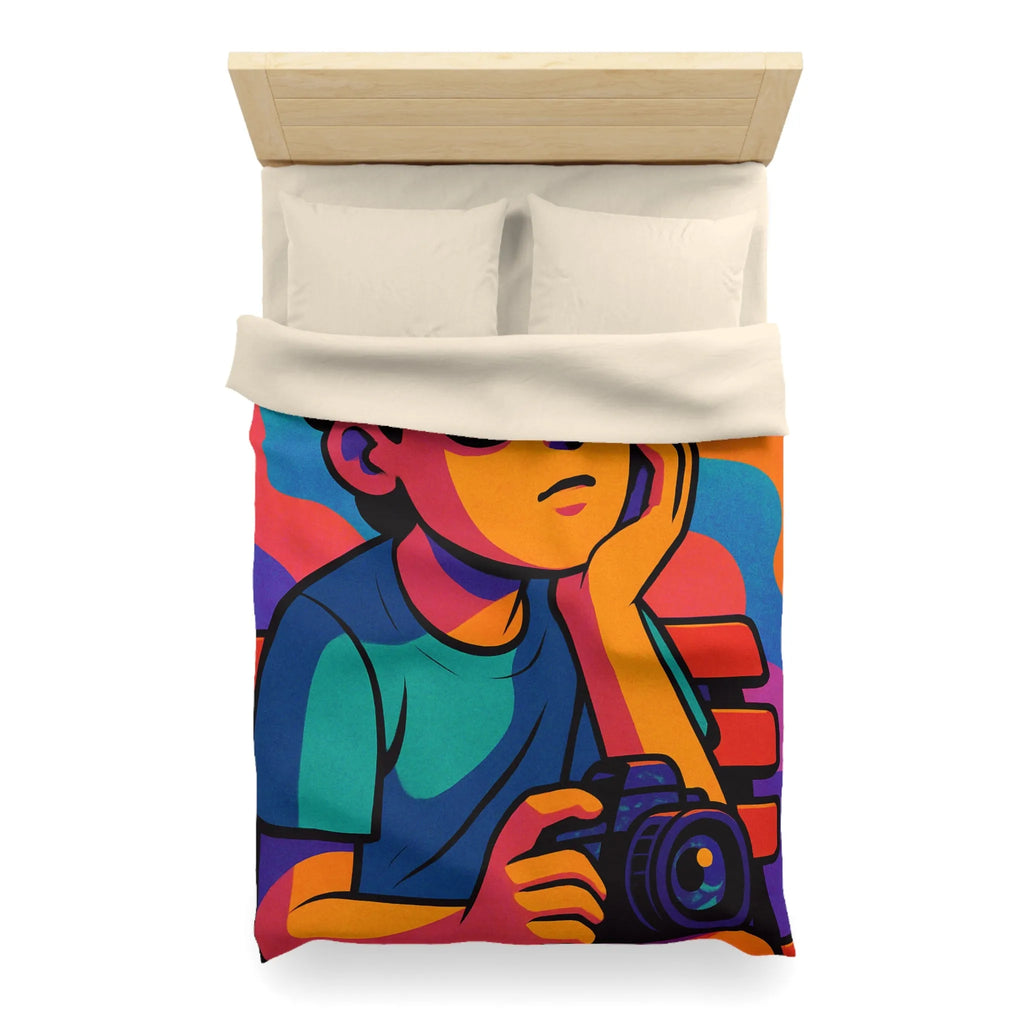 Housse de couette animée jeune rêveur lunettes de soleil et appareil photo colorés