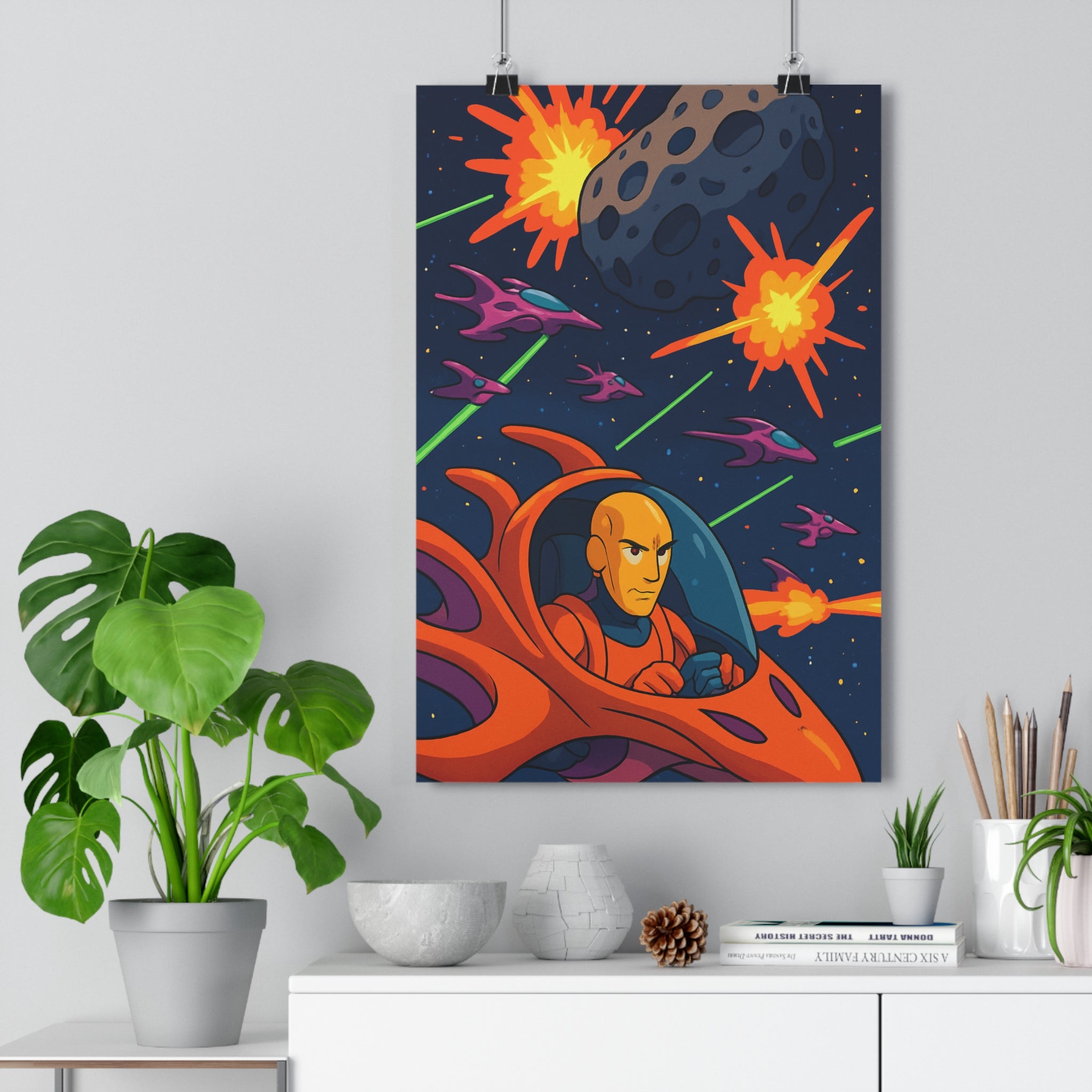 Poster décoratif animé spatial orange vif aventure chambre salon moderne captivant dynamique coloré explosion